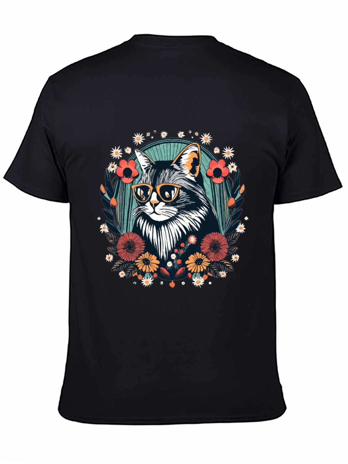 Black Cool Cat Floral Graphic T-Shirt - Unisex view 4
