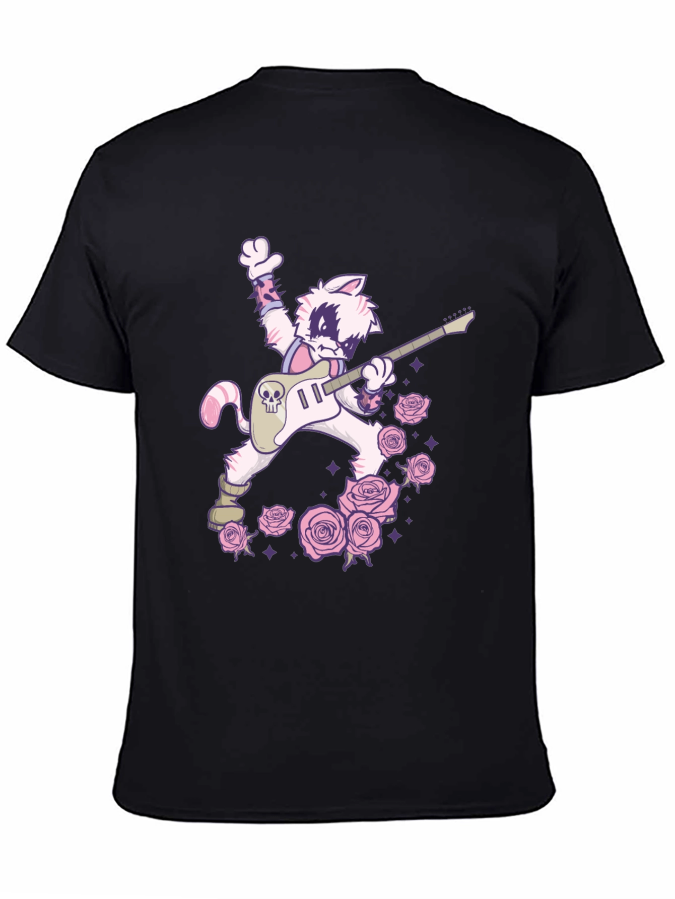 Black Rockstar Cat T-Shirt - Skull Guitar & Roses Graphic Tee view 4