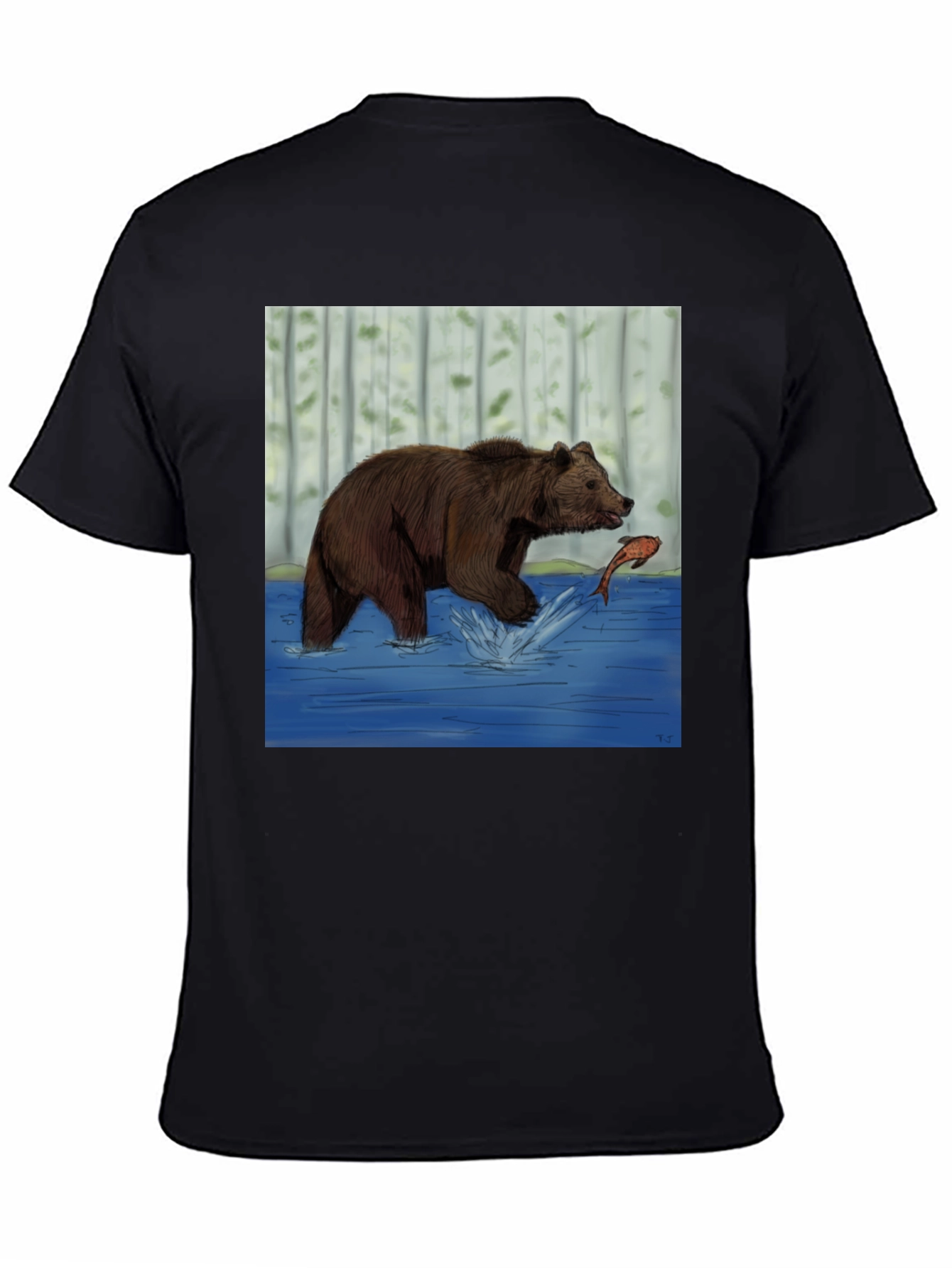 Black Bear and Fish Graphic Tee - Black Cotton Blend view 4