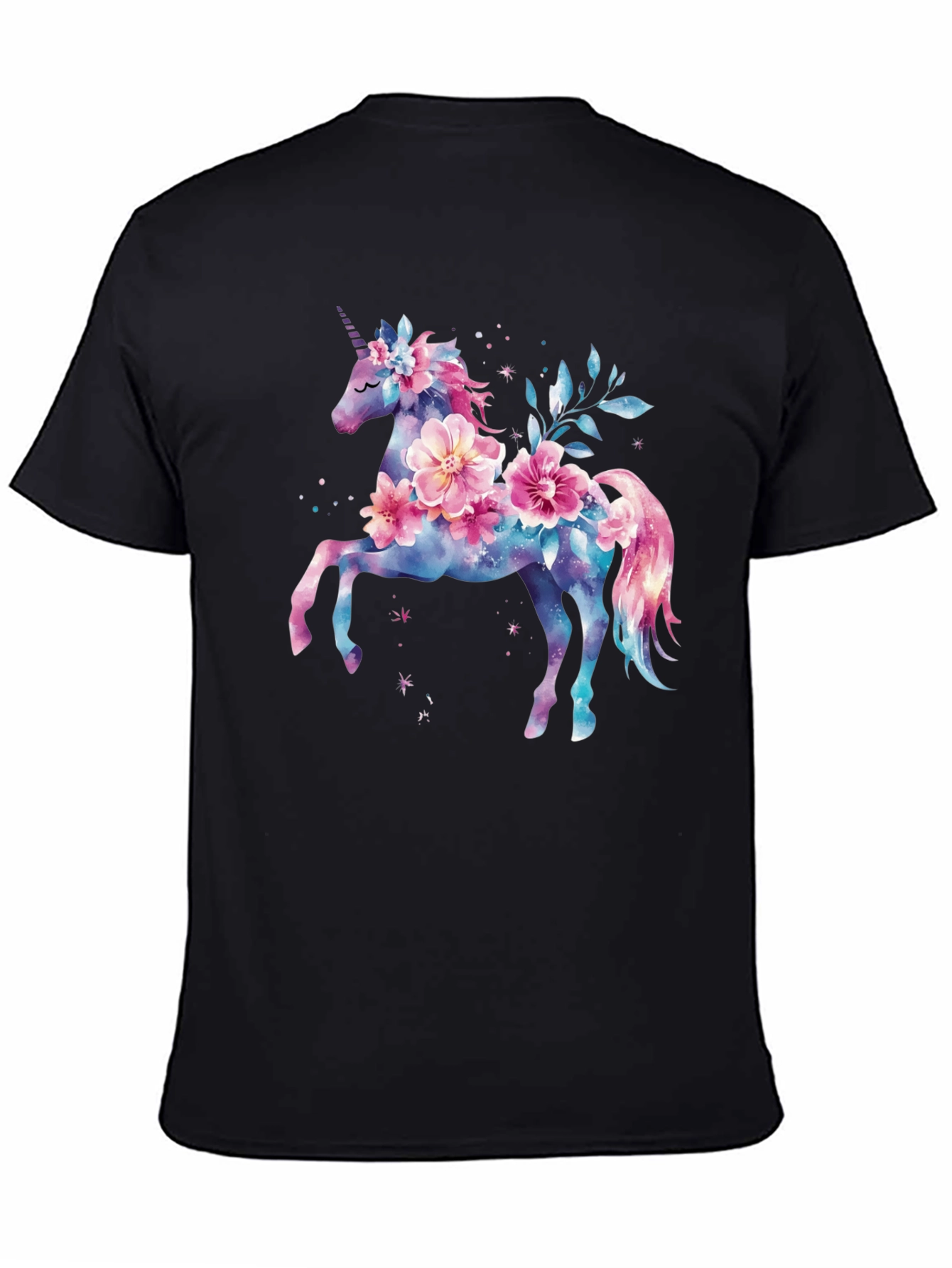 Floral Unicorn Graphic Tee - Black Cotton Blend Shirt - 4