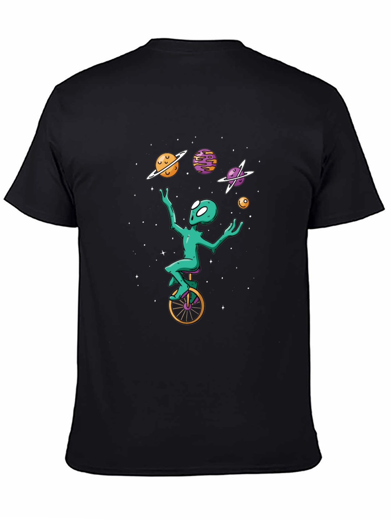 Black Alien Unicycle T-Shirt - Space Juggling Tee view 4