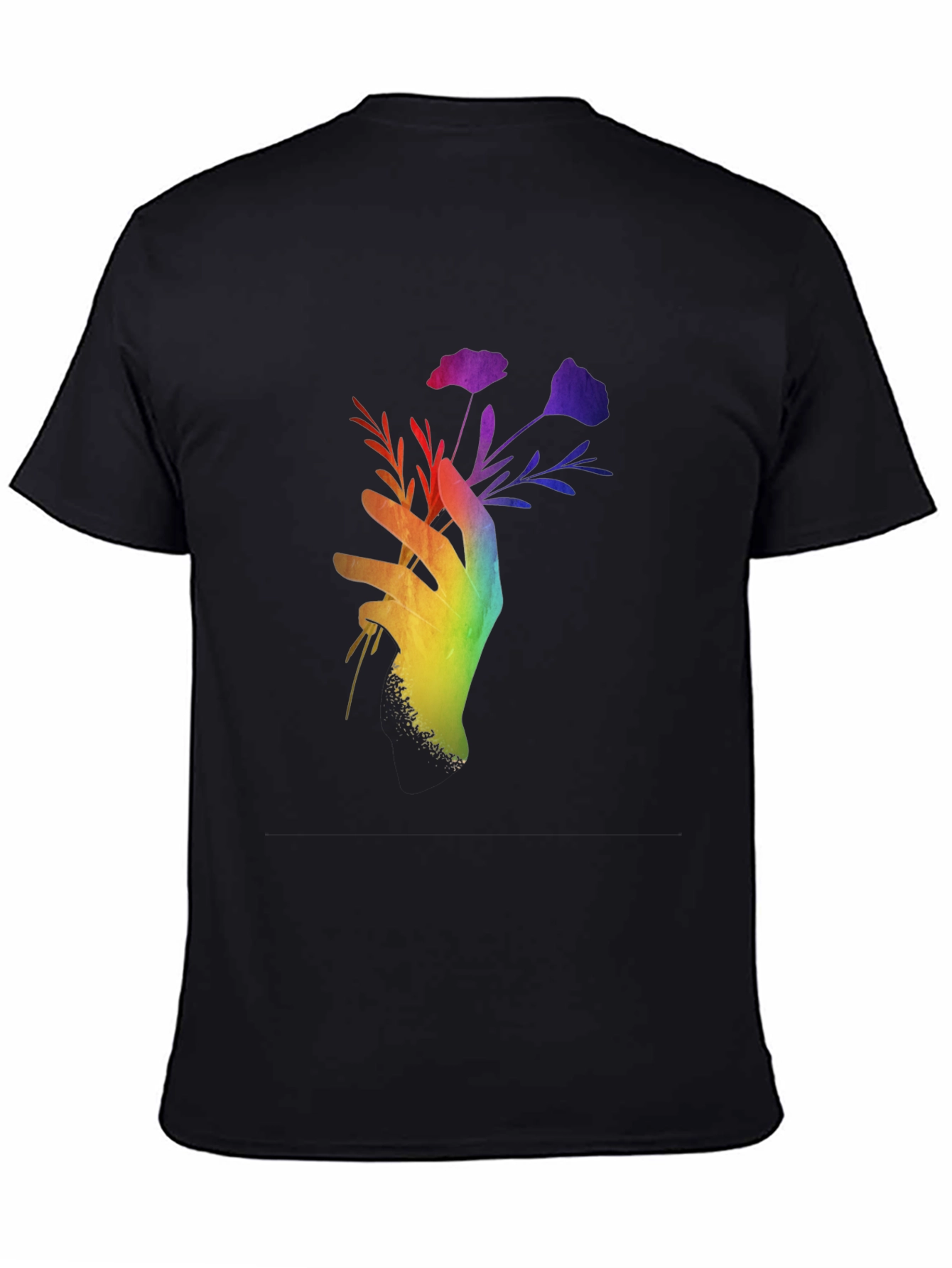 Black Rainbow Hand Holding Flowers Black T-Shirt view 4