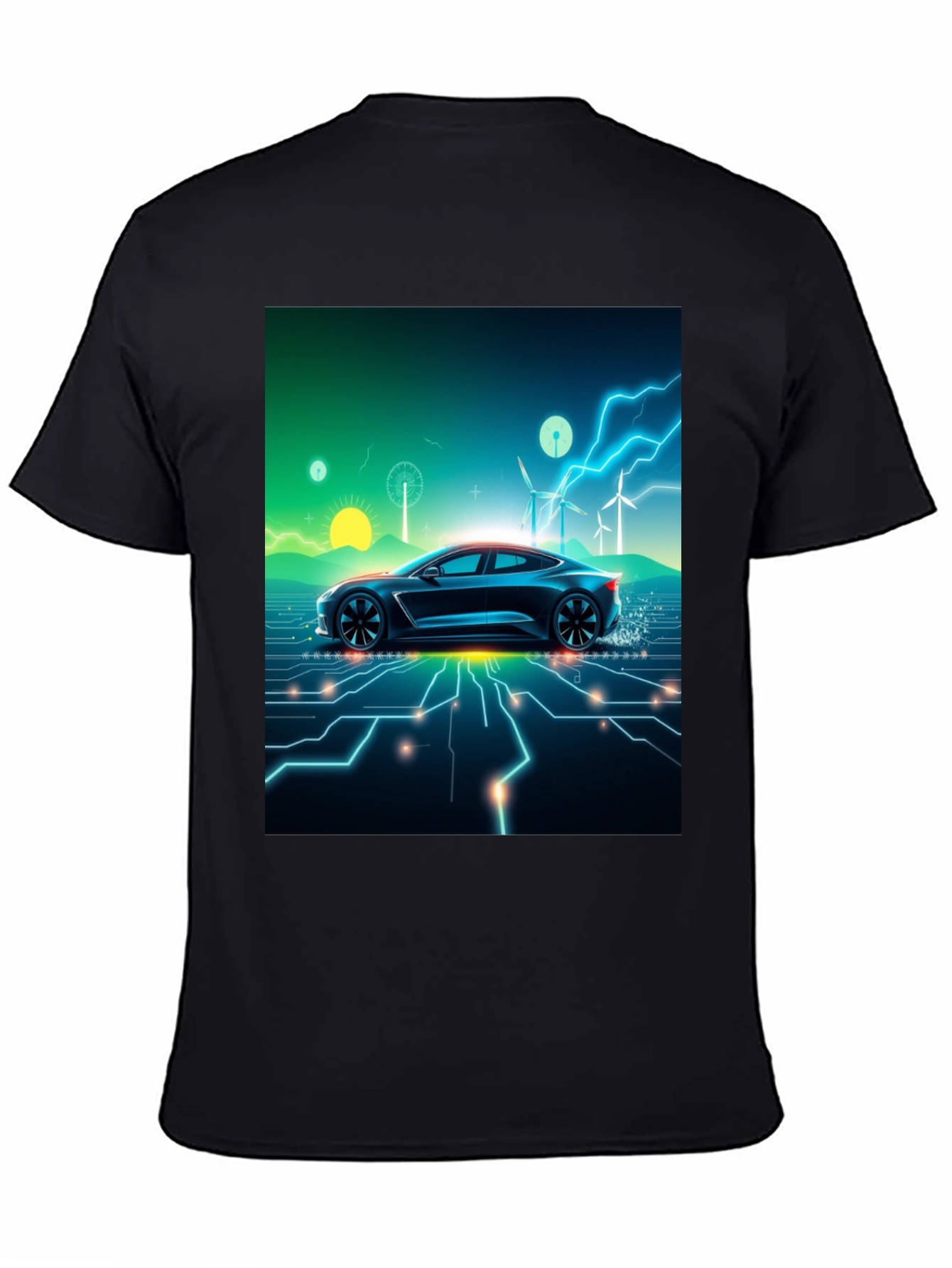 Black Electric Car T-Shirt - Futuristic Style view 4