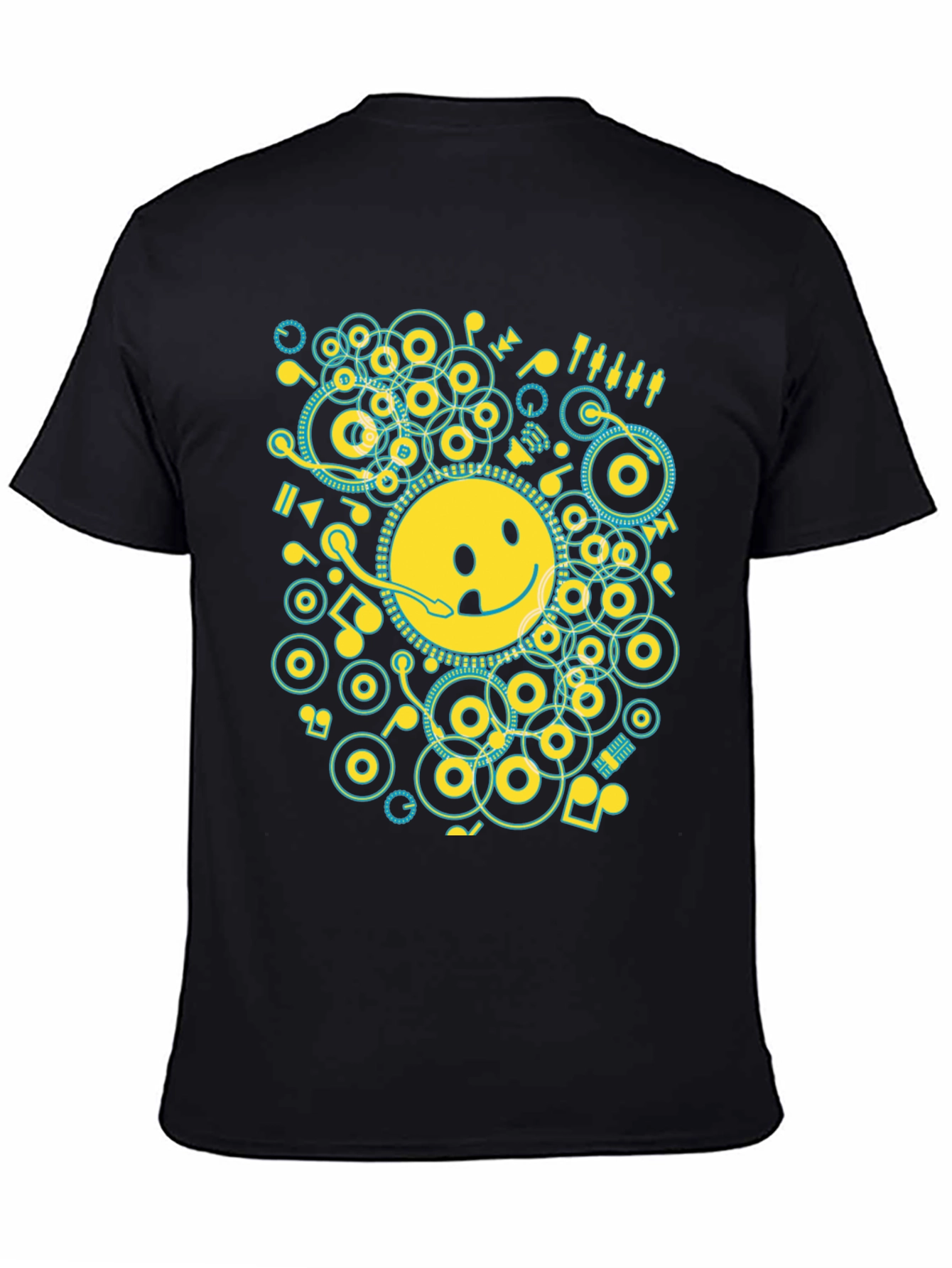 Black Smiley Face Music Graphic T-Shirt - Casual Black Tee view 4