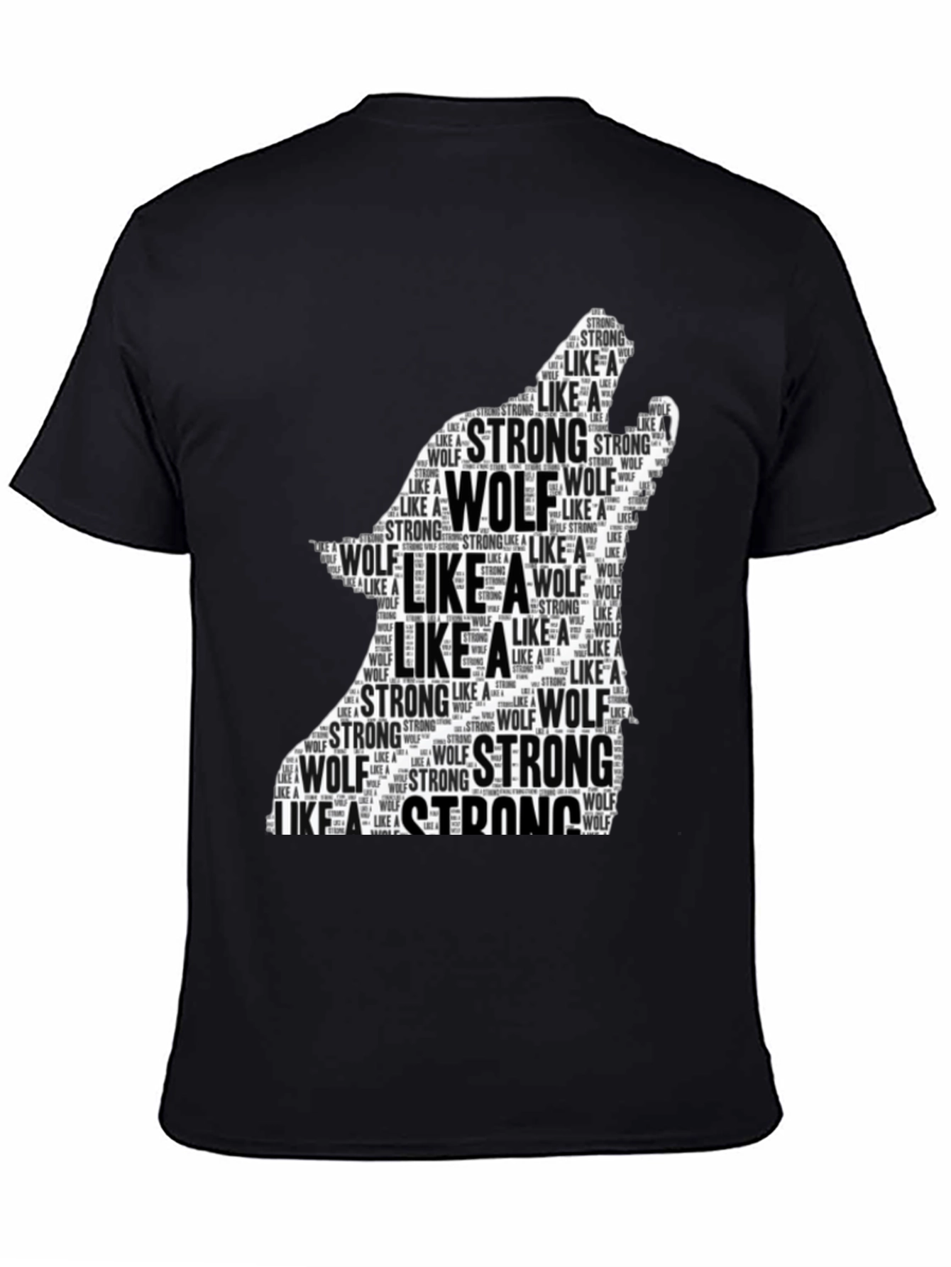Black Wolf Silhouette Word Art T-Shirt - Strong Like a Wolf Tee view 4