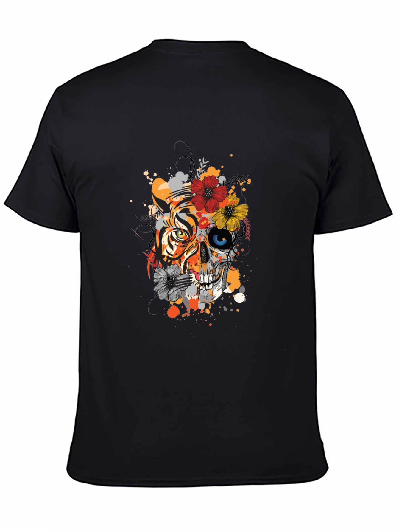 Black Tiger Skull Floral Print Black T-Shirt view 4
