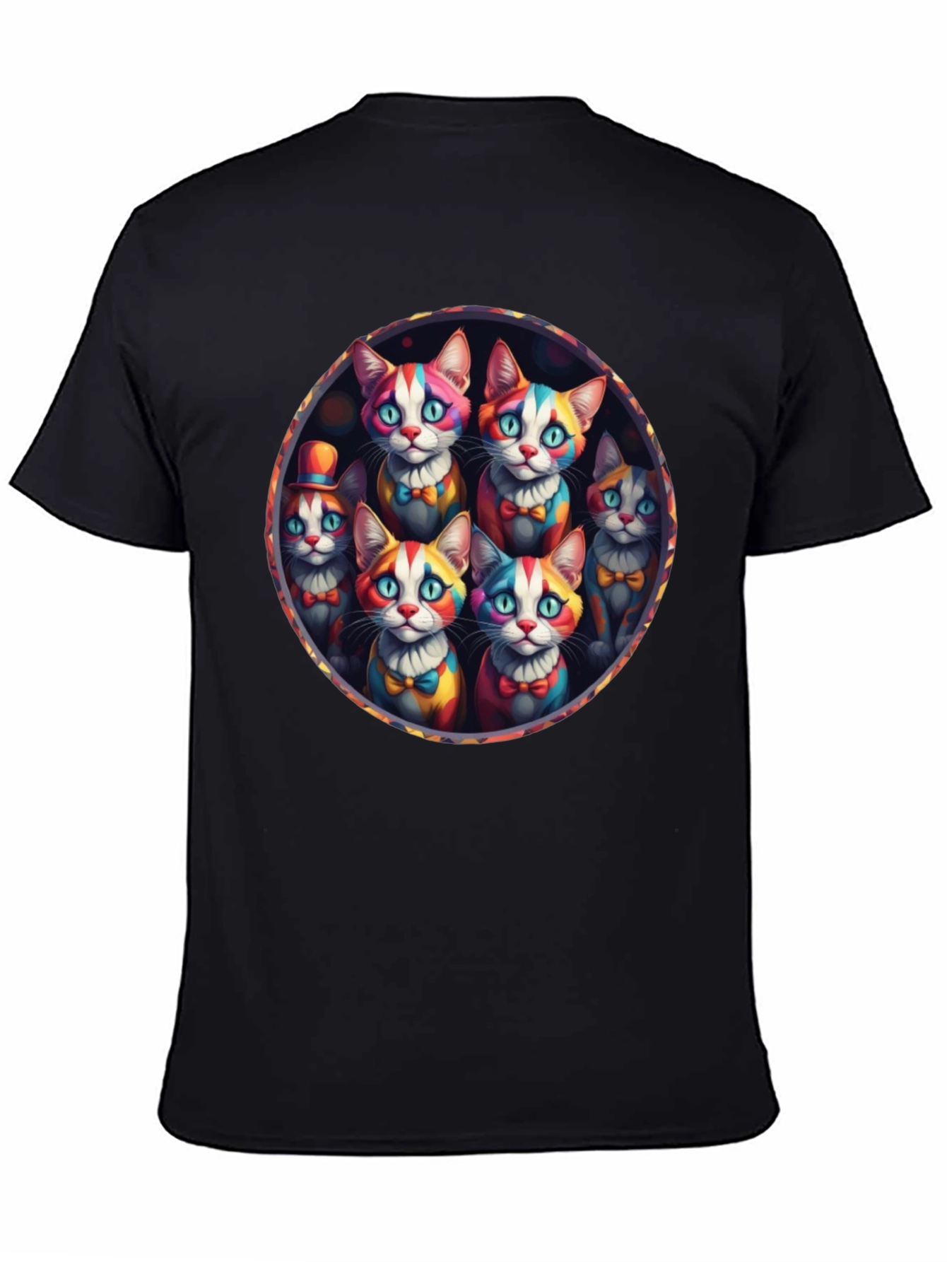 Black Colorful Clown Cats Graphic Tee - Unique Design view 4