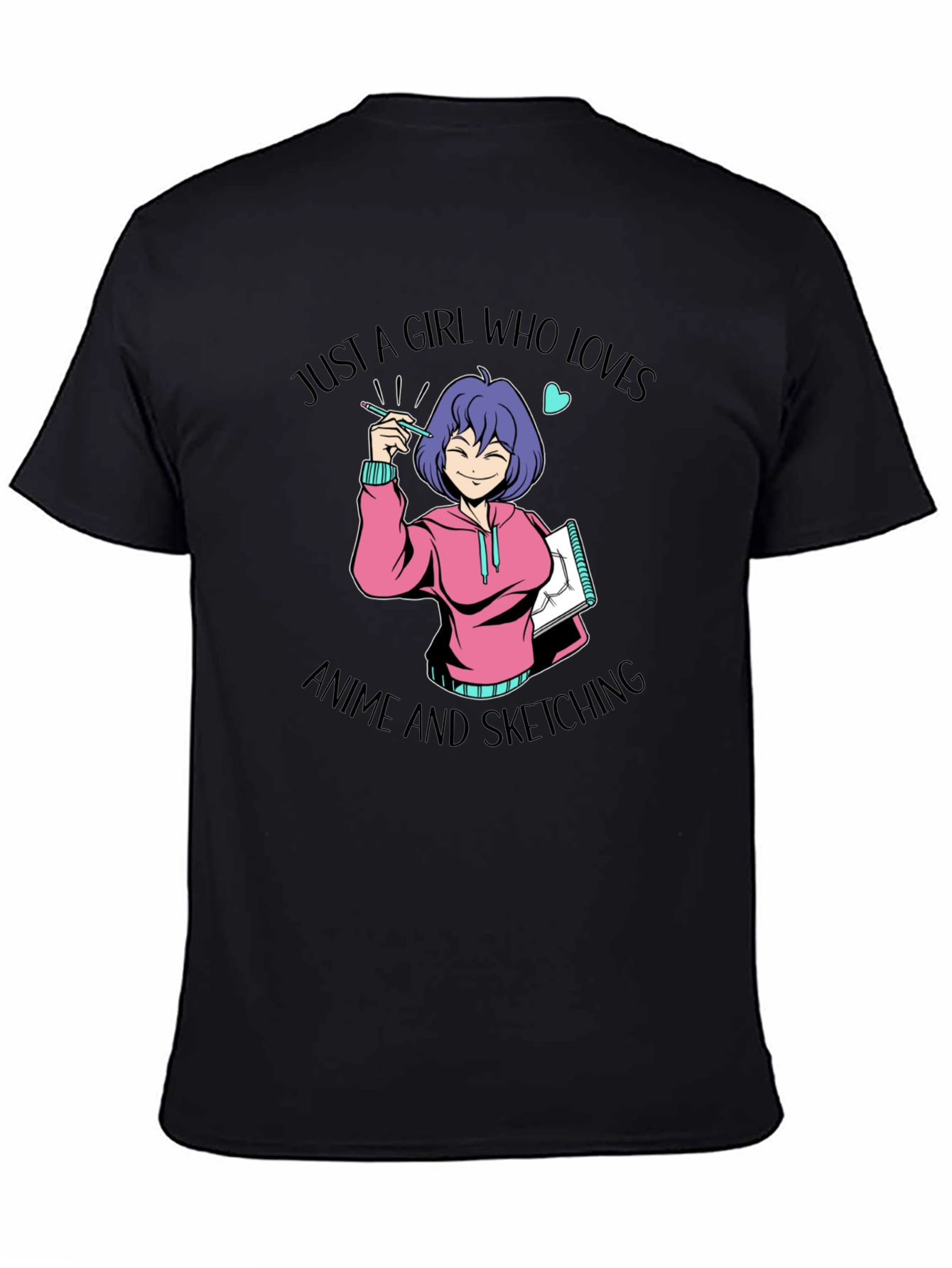 Black Anime Sketching Girl Graphic T-Shirt view 4