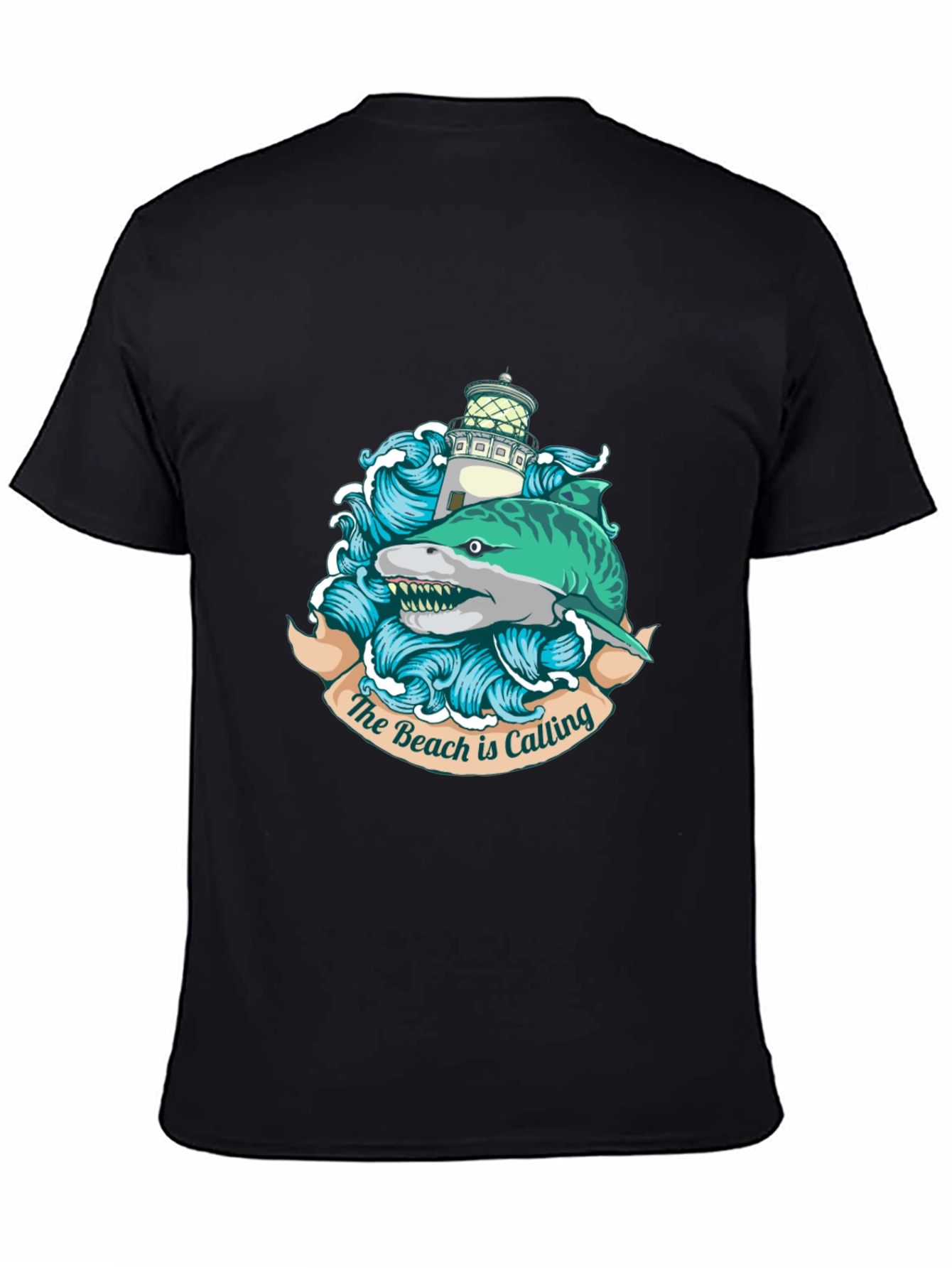 Black Beach Calling T-Shirt with Shark and Lighthouse view 4