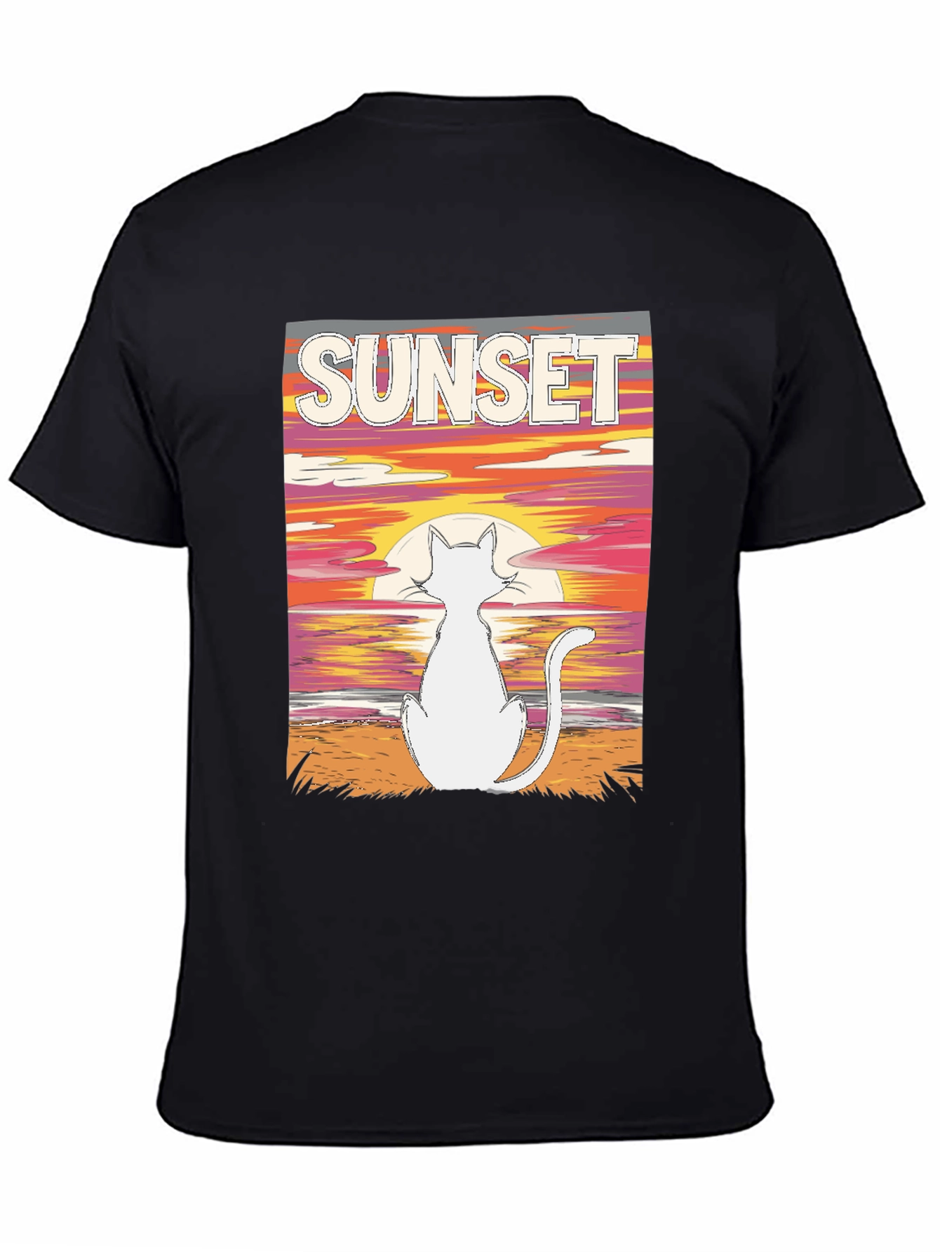 Black Sunset Cat Graphic Tee - Black Cotton T-Shirt view 4