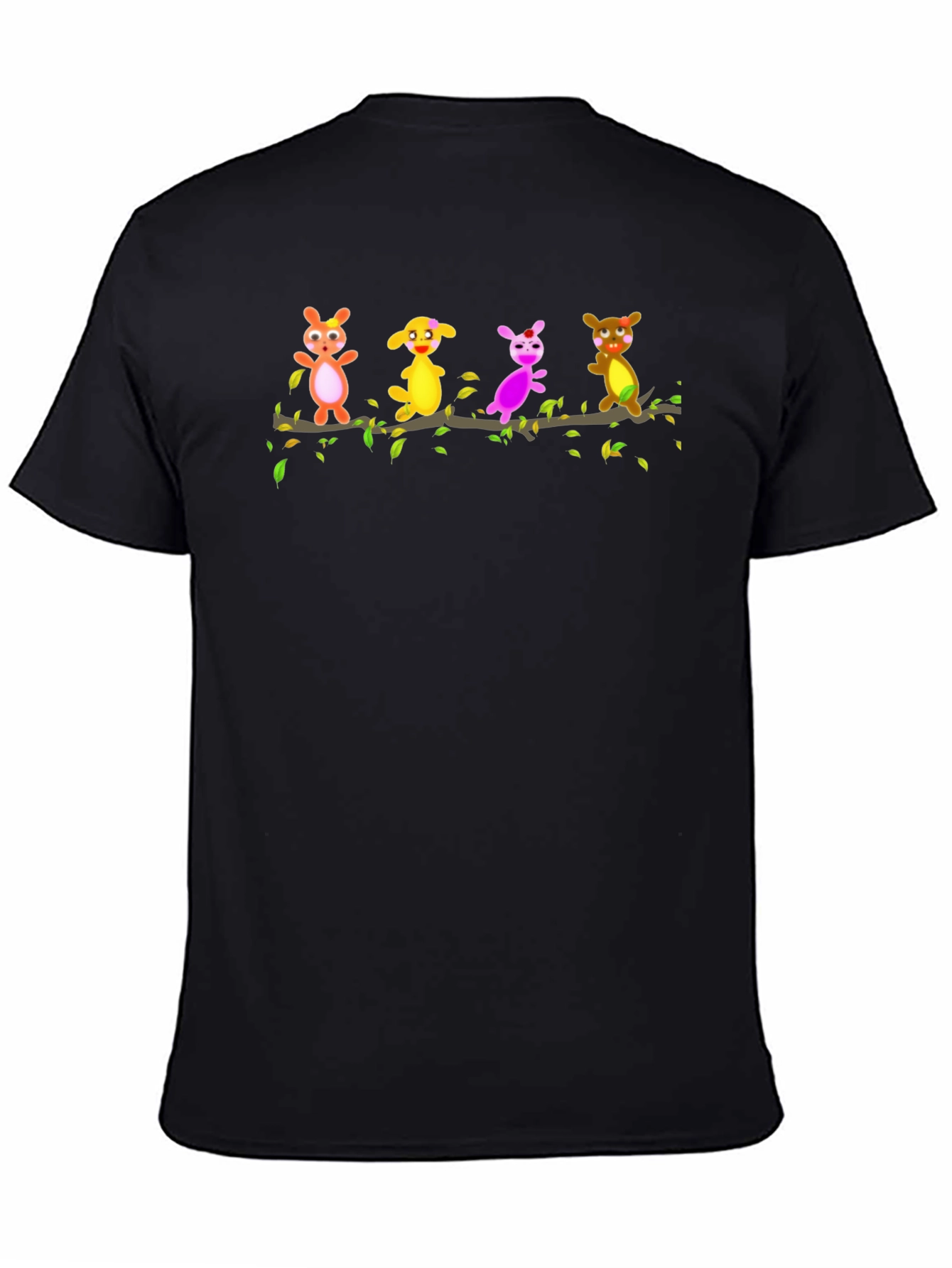 Black Cartoon Critters on a Branch Black T-Shirt view 4