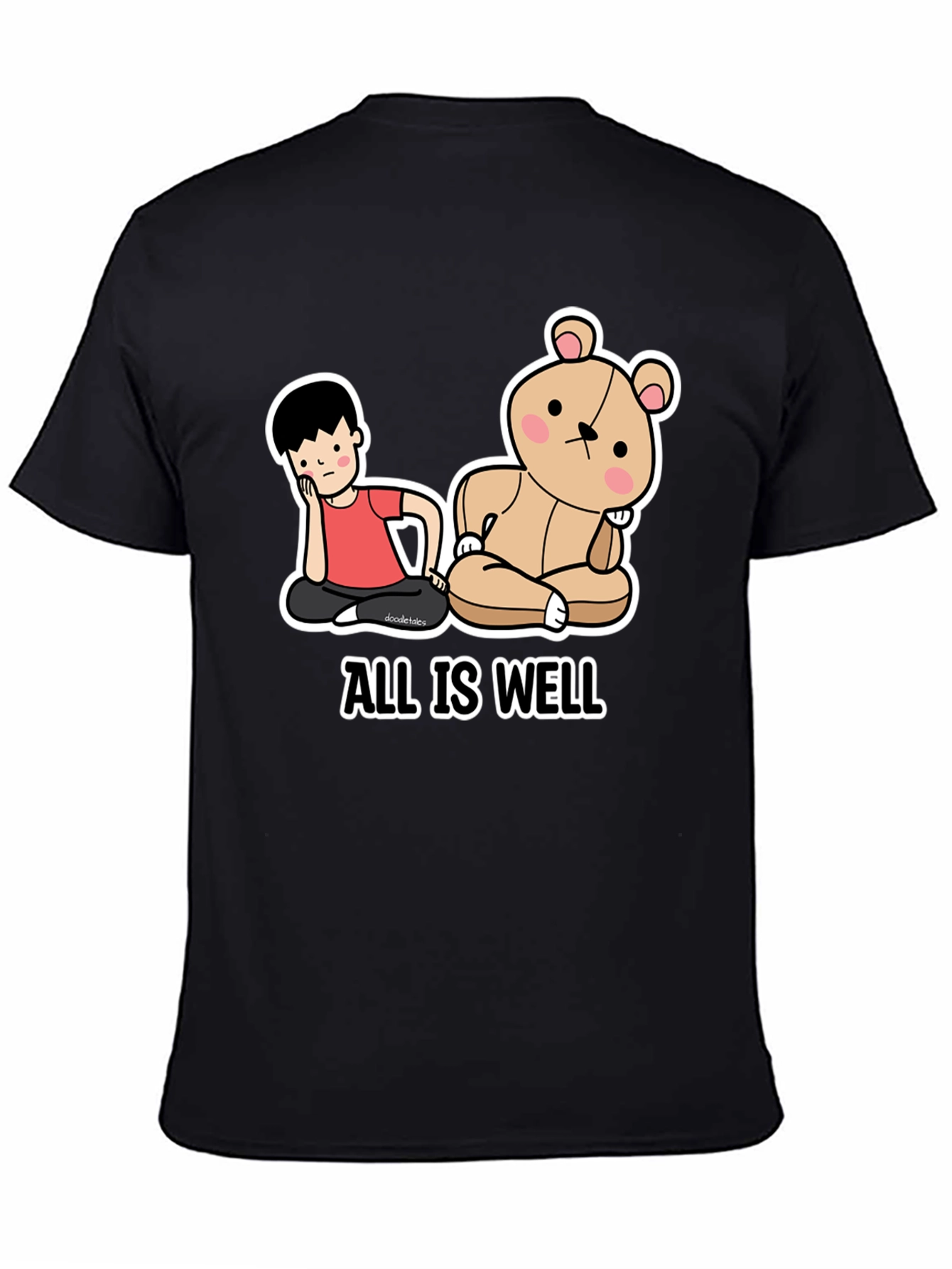Black All Is Well T-Shirt: Cartoon Boy & Bear Meditating Graphic Tee view 4