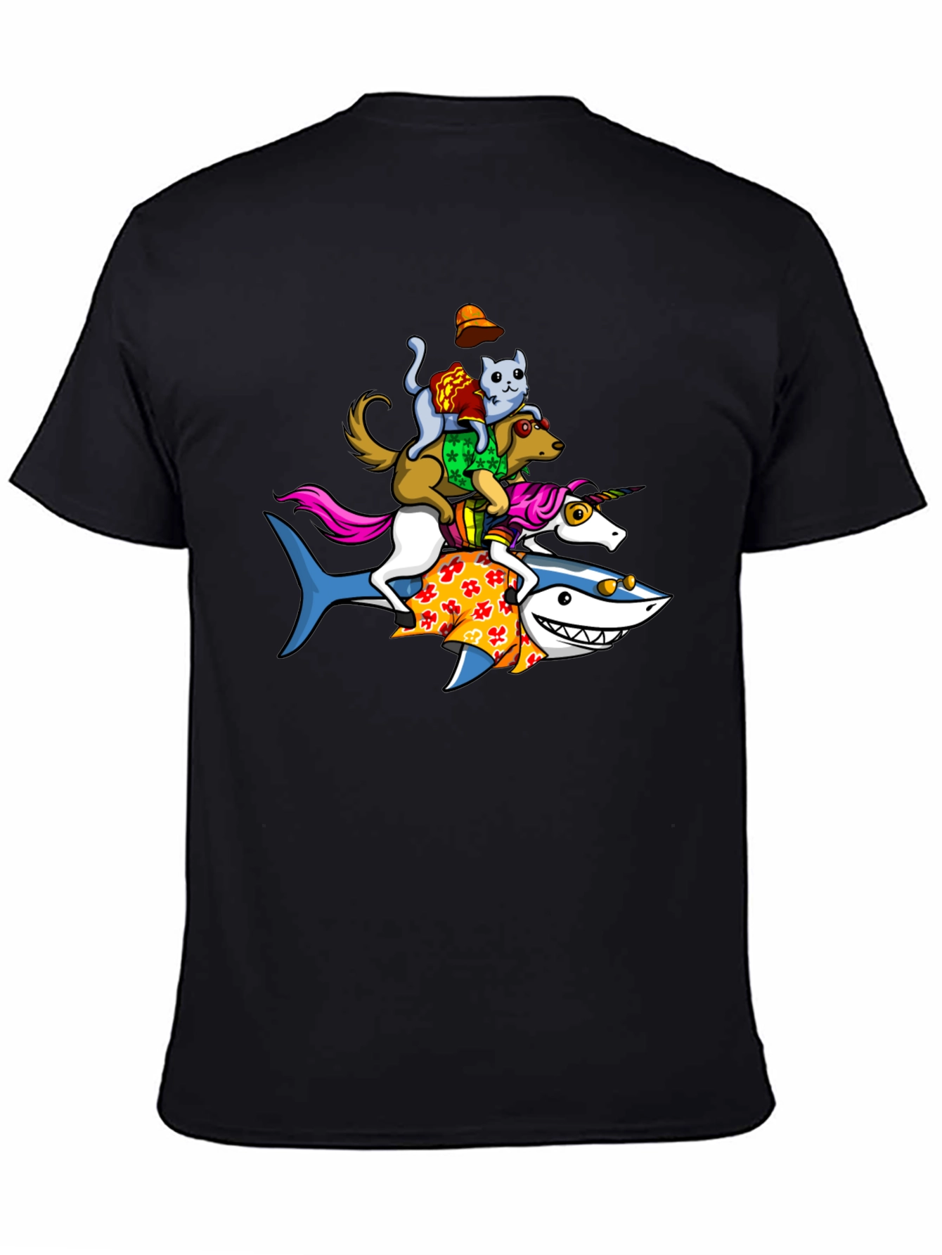 Black Animal Stack T-Shirt: Shark, Unicorn, Dog, Cat view 4