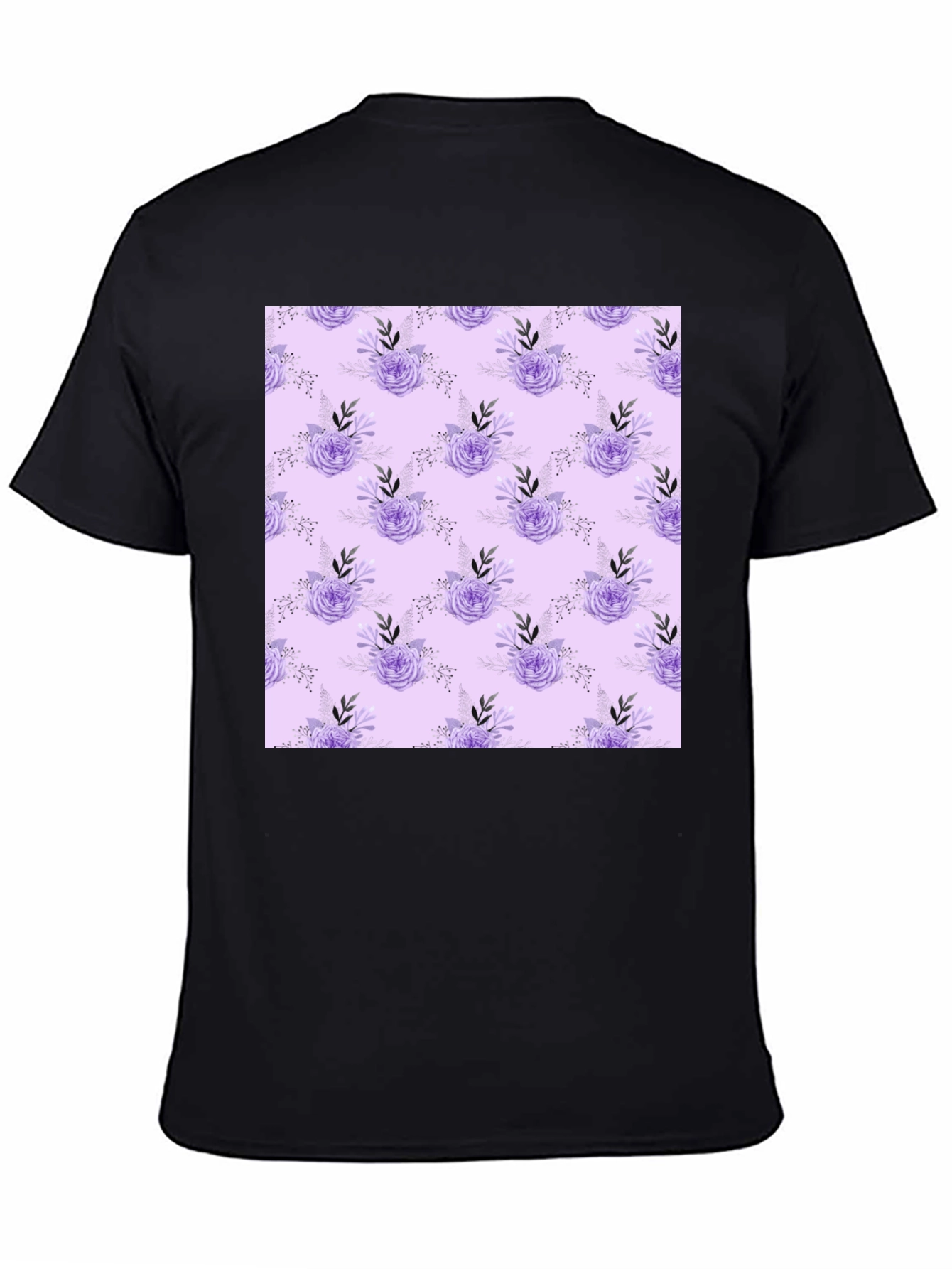 Black Floral Lavender Pattern Black T-Shirt view 4