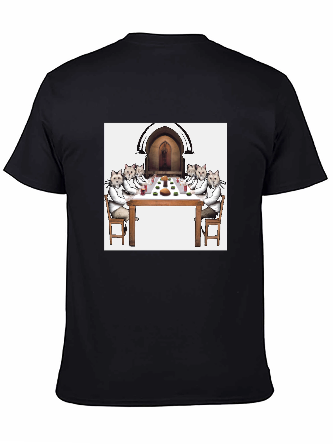 Black Cat Supper Black T-Shirt - Unique Feline Dinner Party Design view 4