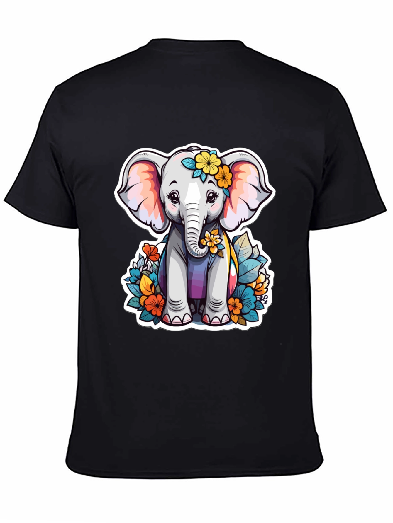 Black Cute Elephant Floral T-Shirt - Unisex Black Tee view 4