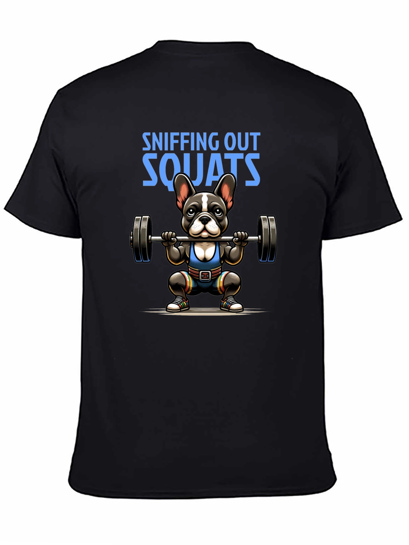 Black Sniffing Out Squats T-Shirt - Fitness Dog Design view 4