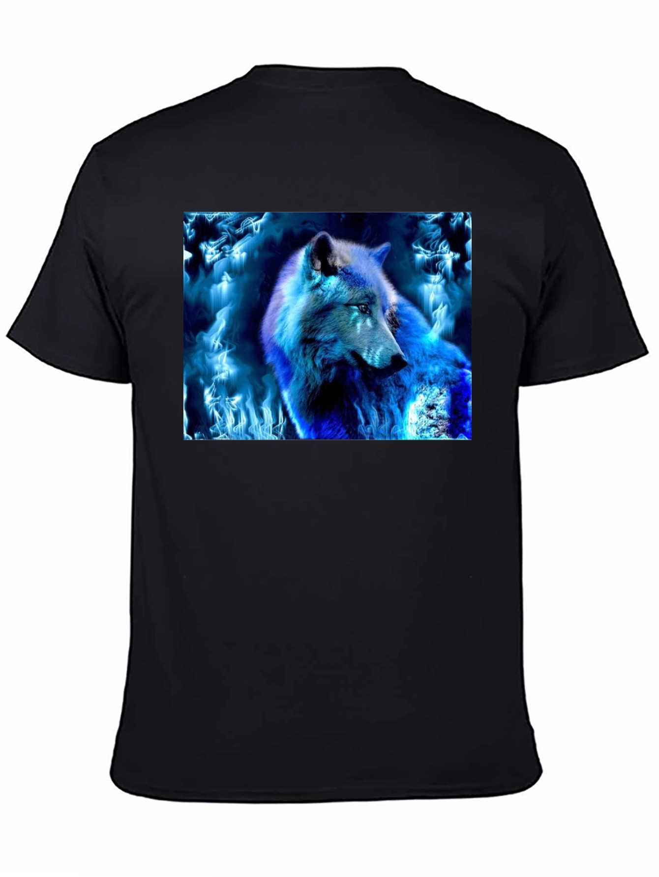 Black Blue Fire Wolf Graphic Tee - Black Cotton Blend view 4