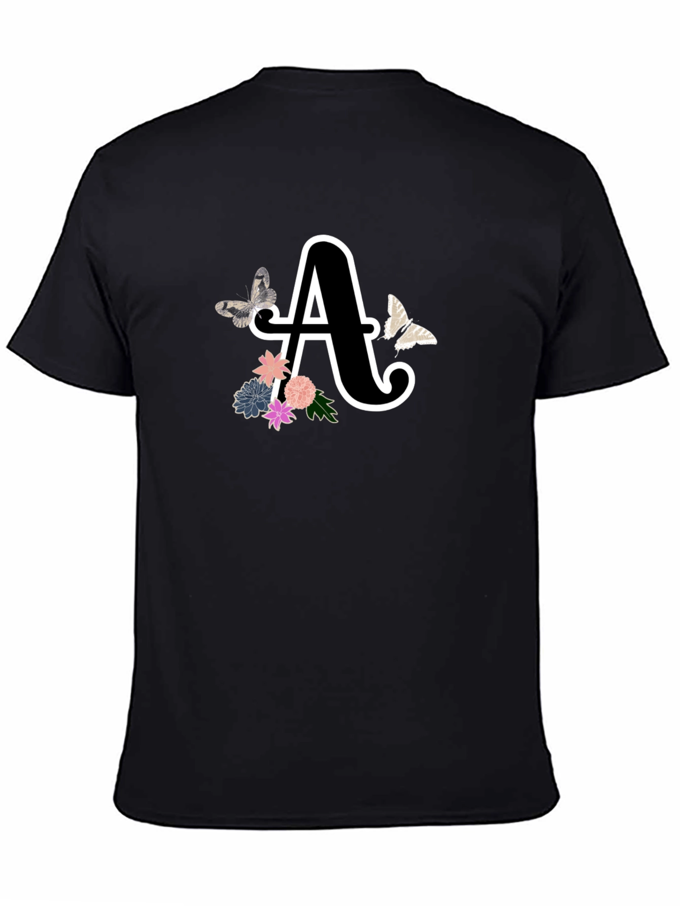 Black Monogram A Black T-Shirt with Butterflies and Floral Design view 4