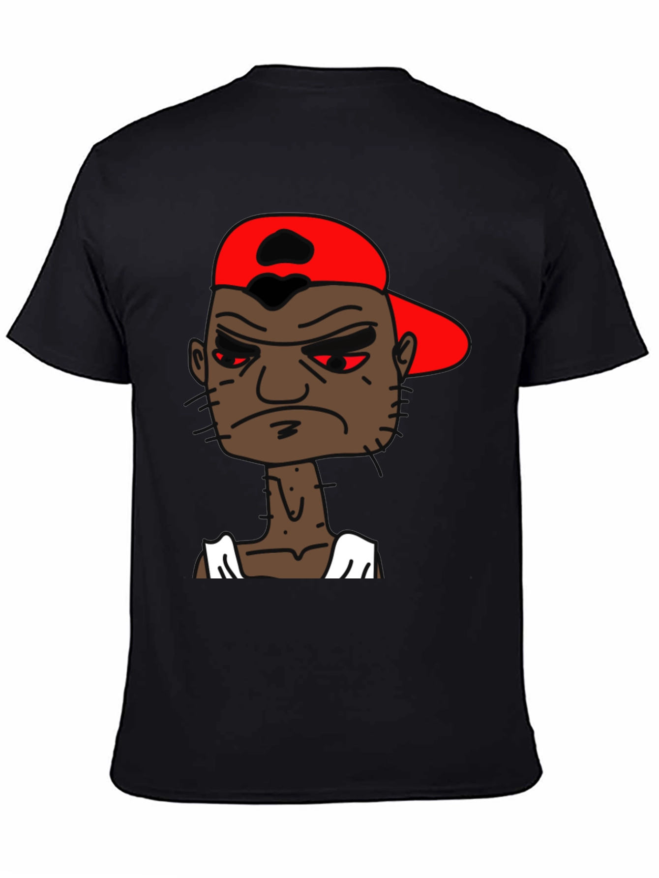 Black Cartoon Character Graphic Tee - Angry Man in Red Hat view 4
