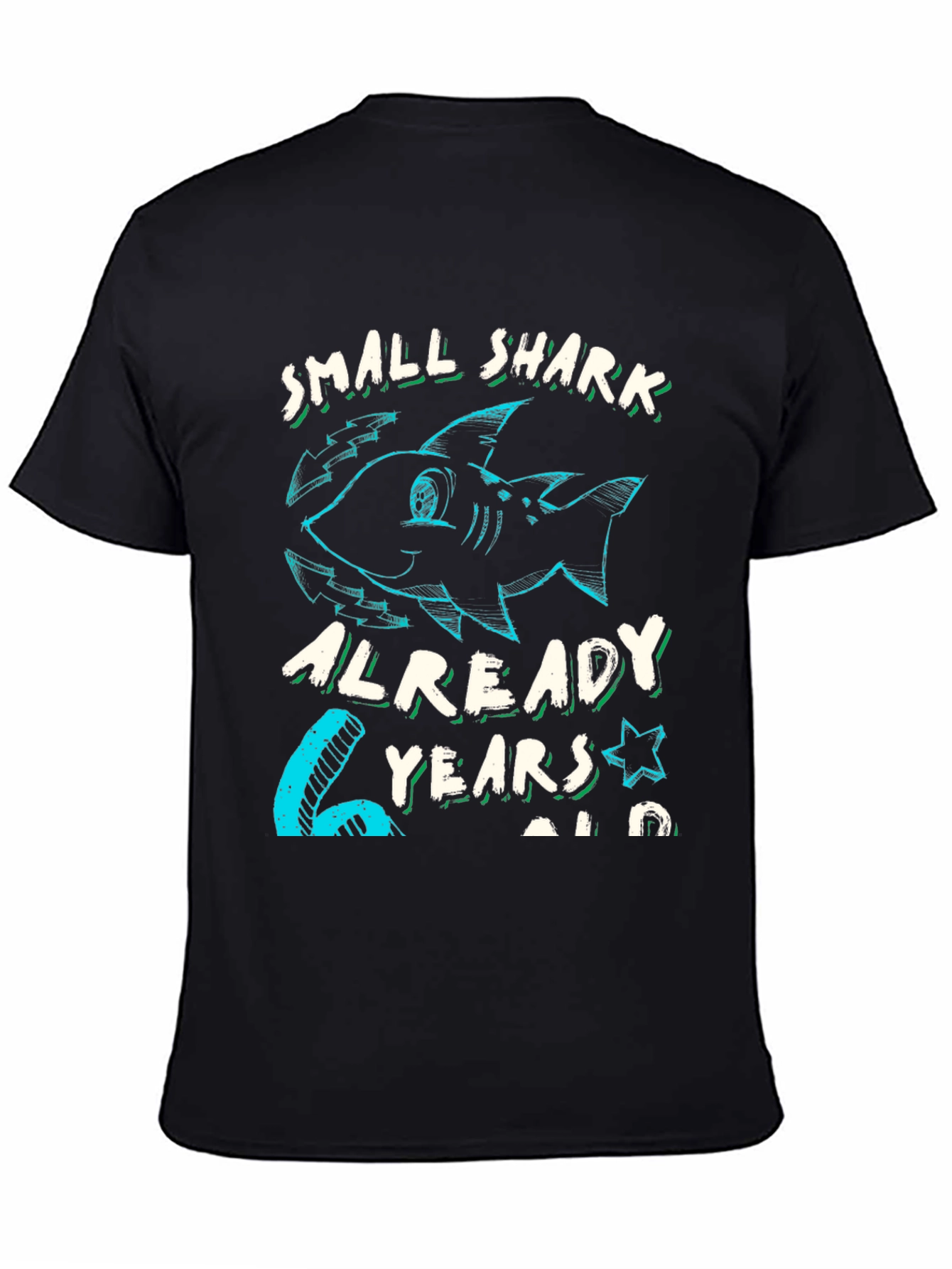 Black Small Shark 6 Years Old Birthday T-Shirt view 4