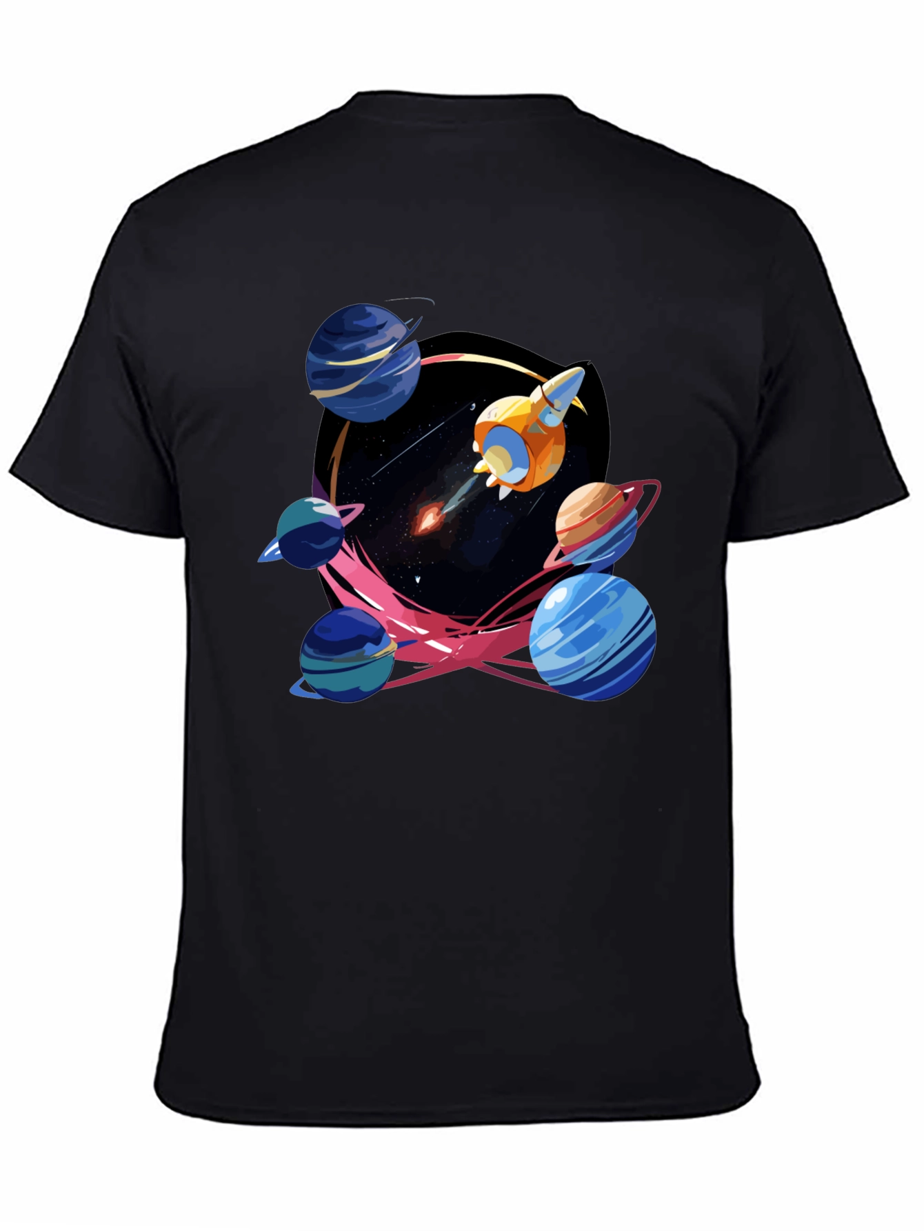 Black Space Adventure T-Shirt: Rocket and Planets view 4