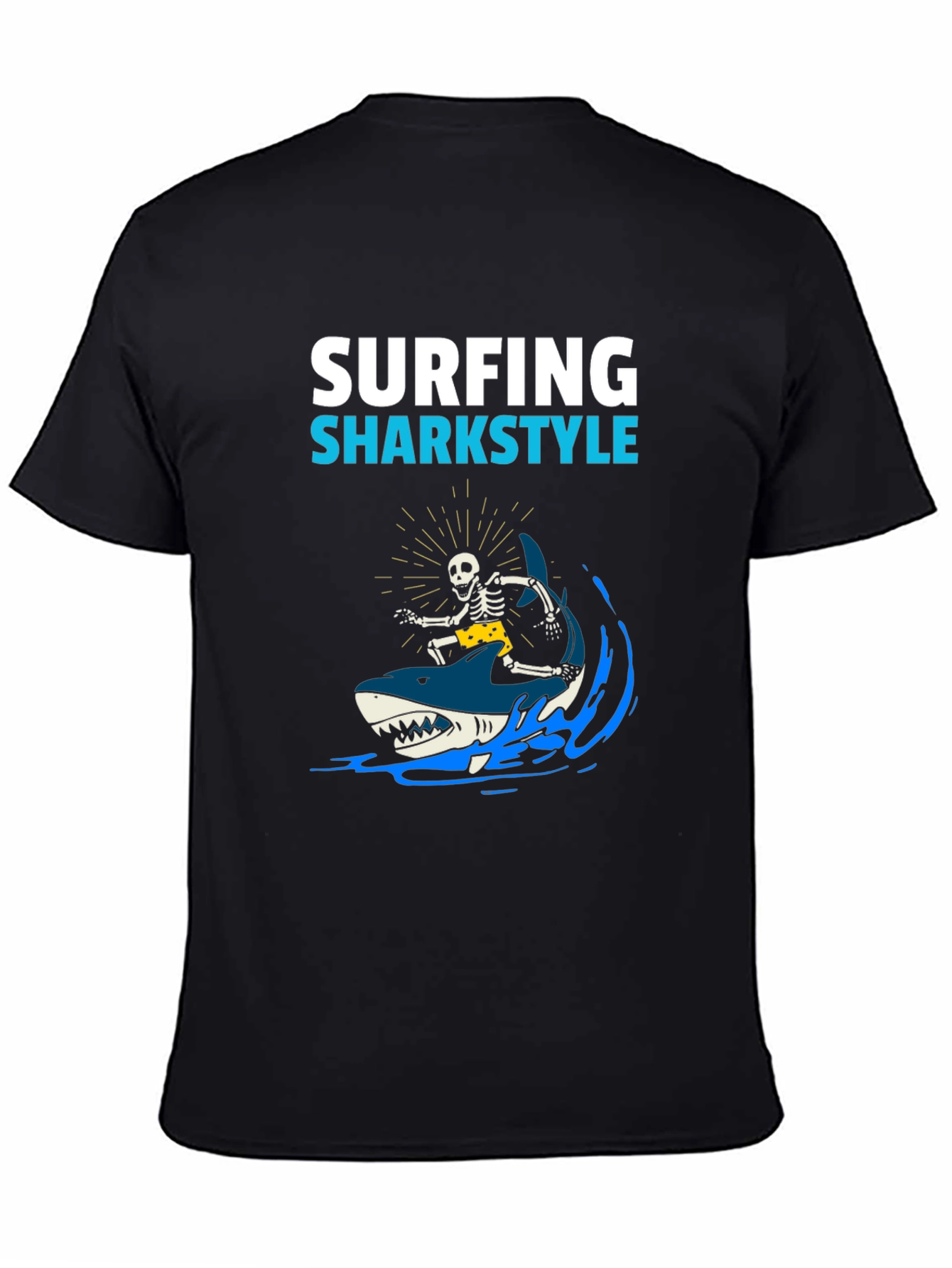 Black Surfing Sharkstyle Skeleton Graphic T-Shirt view 4