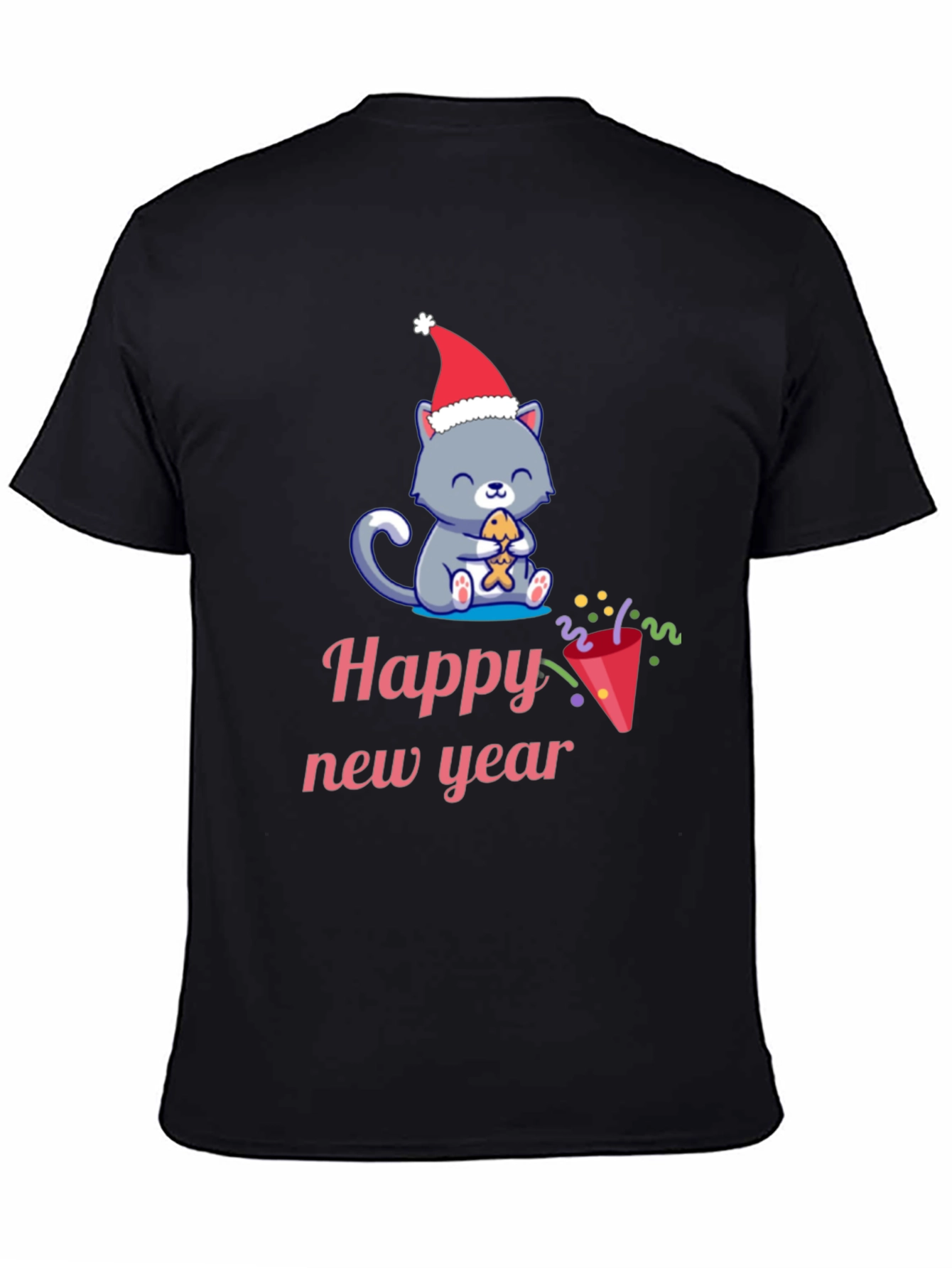 Black Festive Happy New Year Cat T-Shirt view 4