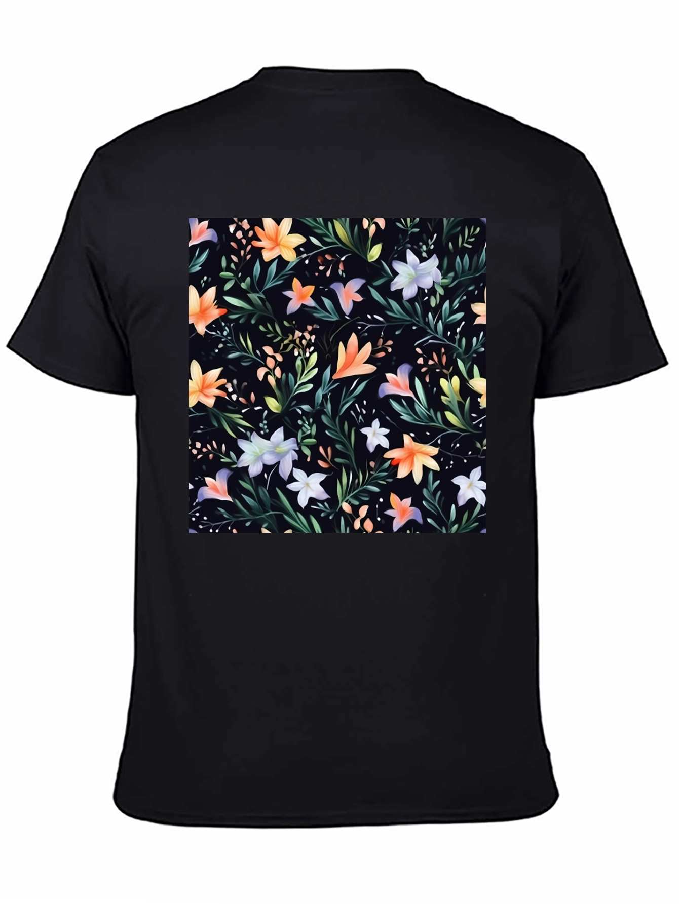 Black Floral Print Black Crew Neck T-Shirt view 4
