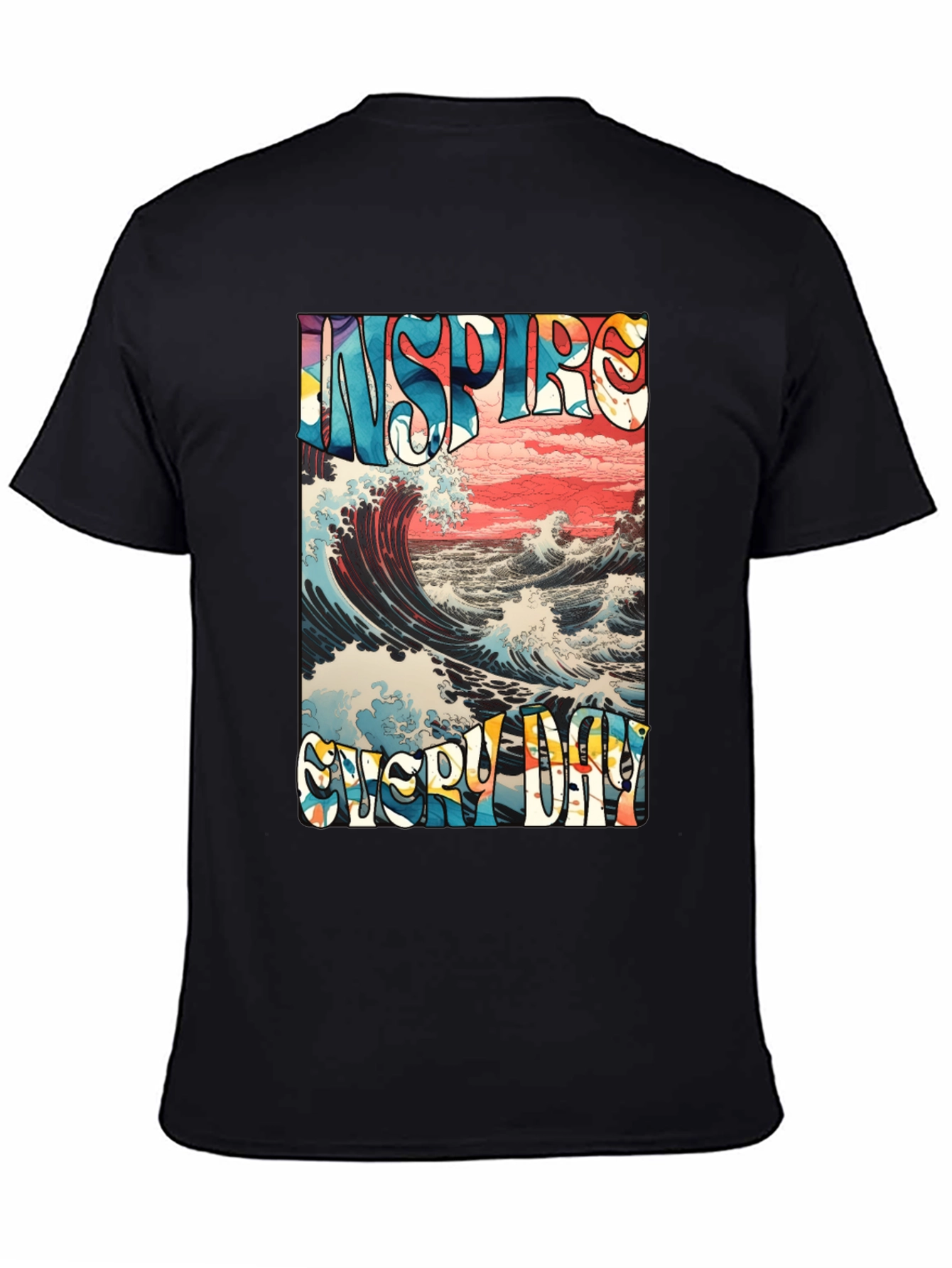 Black Inspire Every Day Graphic T-Shirt - Ocean Wave Design view 4
