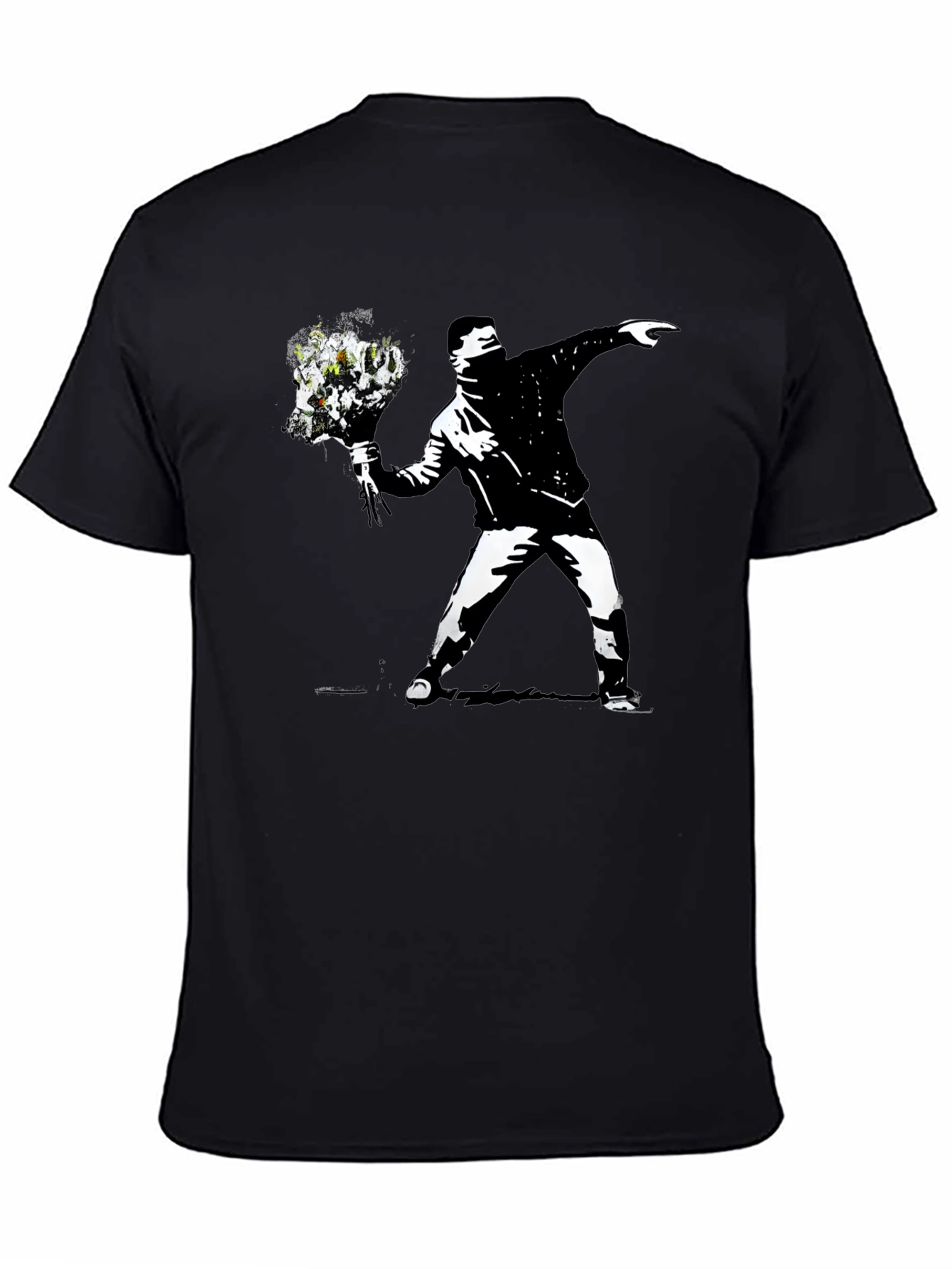 Black Banksy Flower Thrower Graphic Black T-Shirt view 4