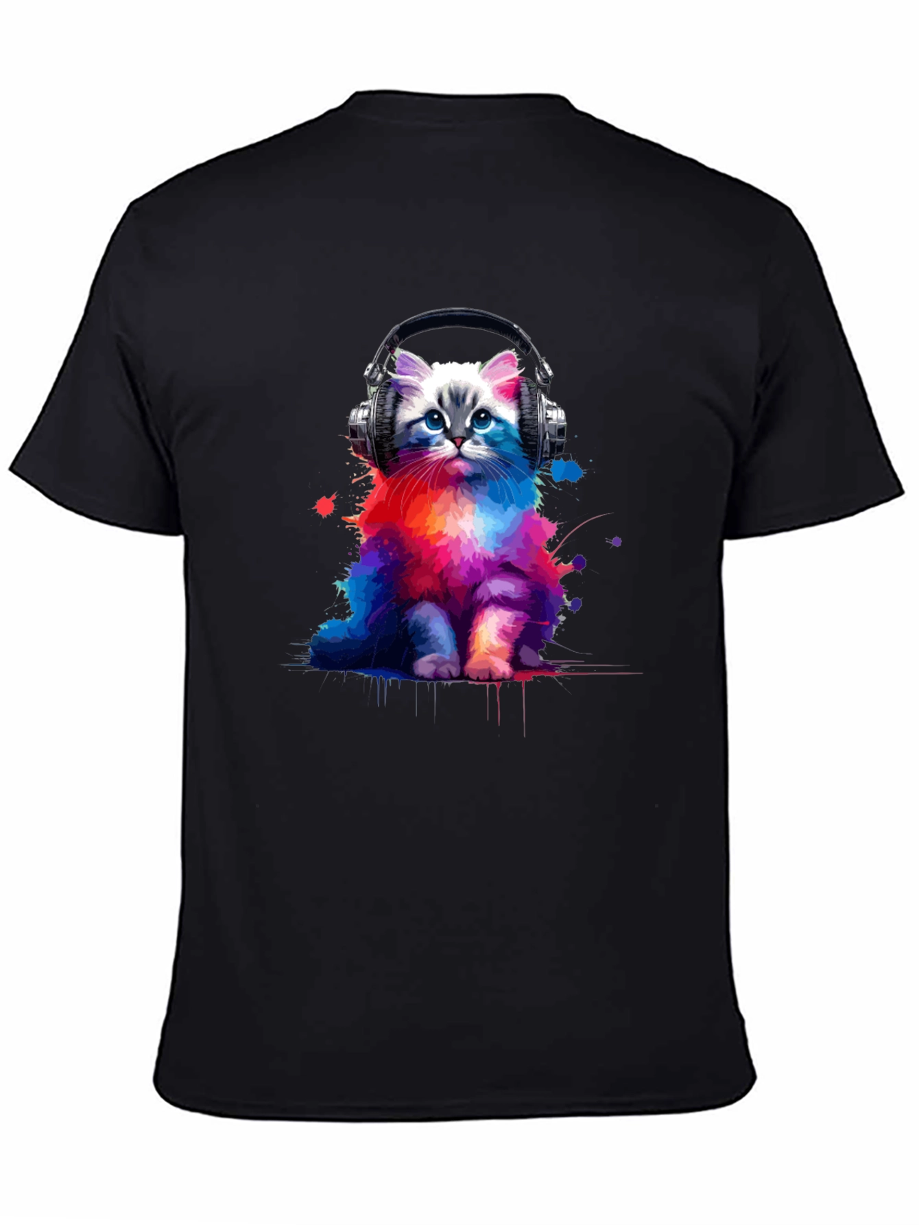 Black Colorful Cat Headphones Graphic Tee view 4