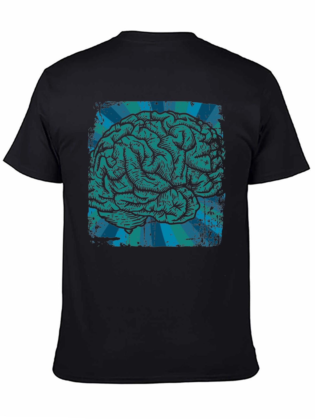 Black Brain Graphic T-Shirt - Teal Illustration on Black Cotton Tee view 4