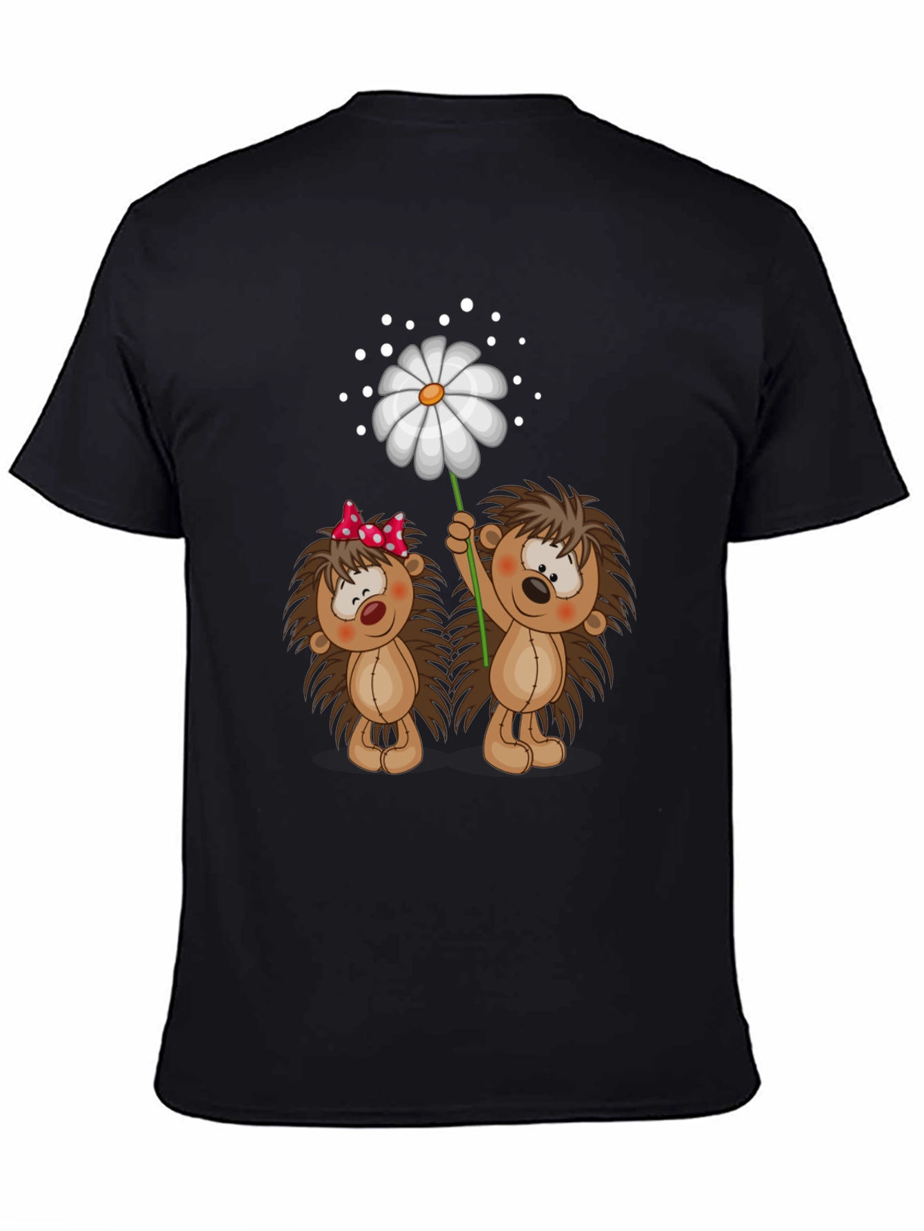 Black Cute Hedgehog & Daisy Graphic Black T-Shirt view 4