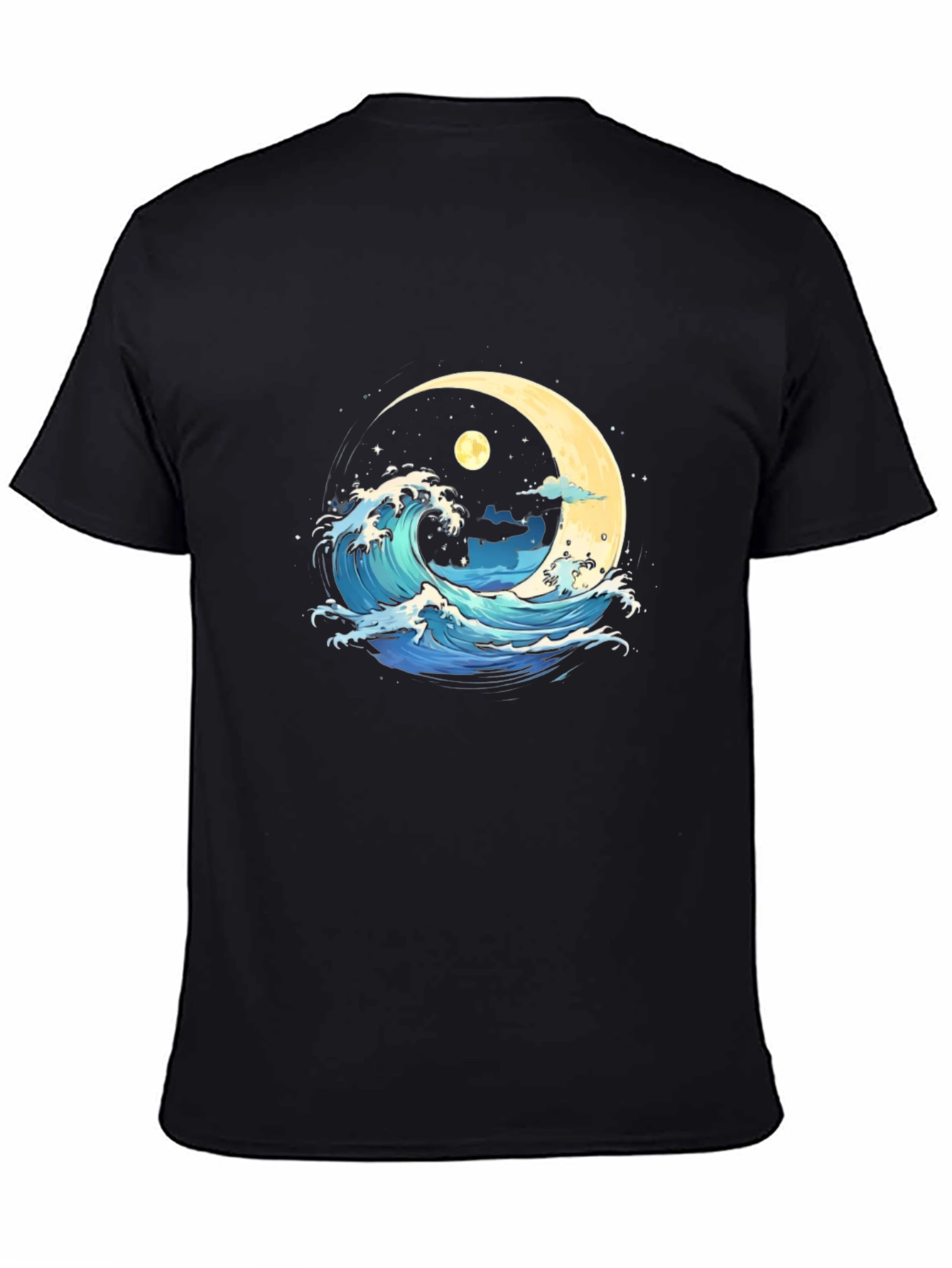Black Ocean Wave Moon Graphic Black T-Shirt view 4