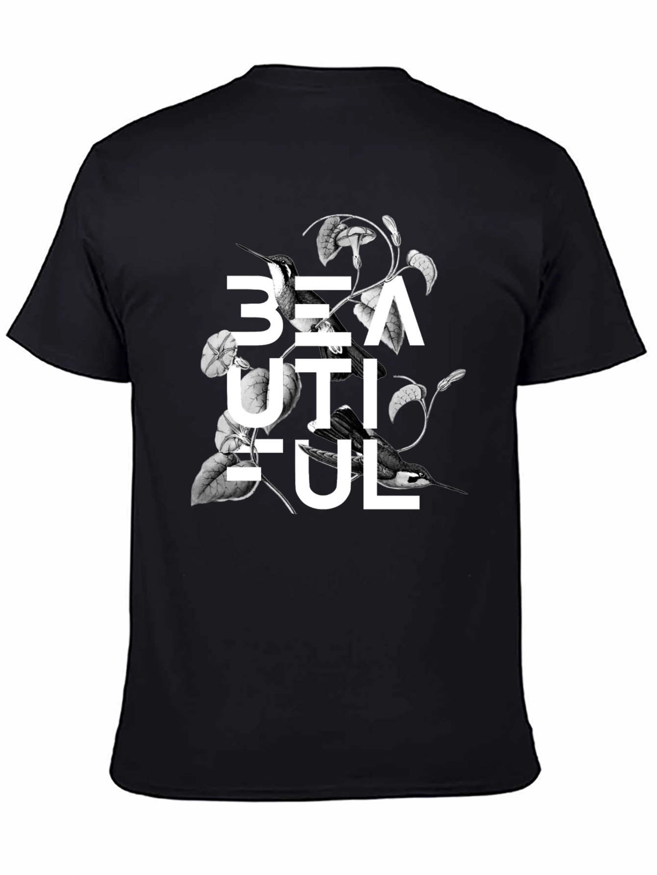 Black Beautiful Bird Floral Graphic Black T-Shirt view 4