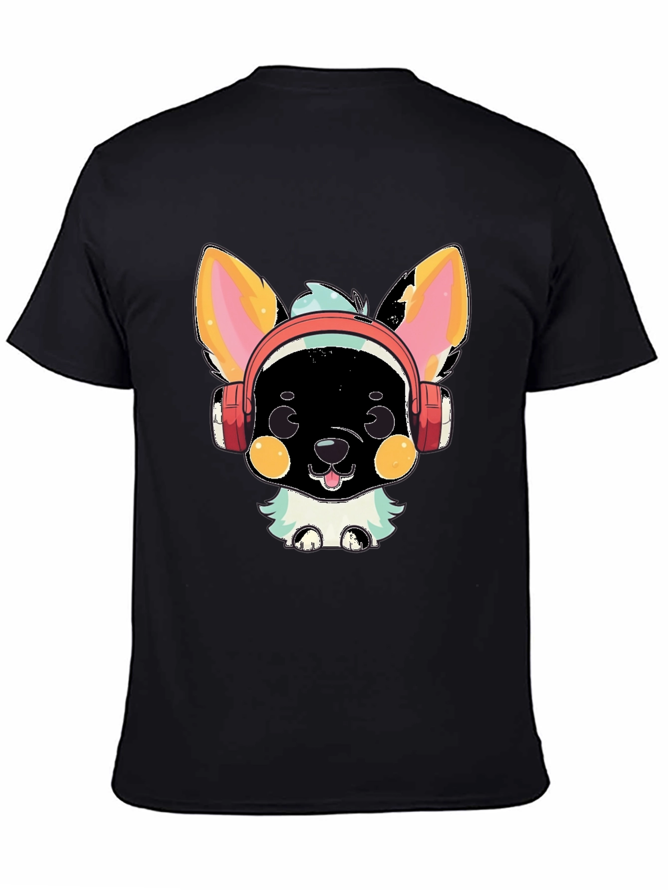 Black Cute Cartoon Animal with Headphones Graphic T-Shirt view 4