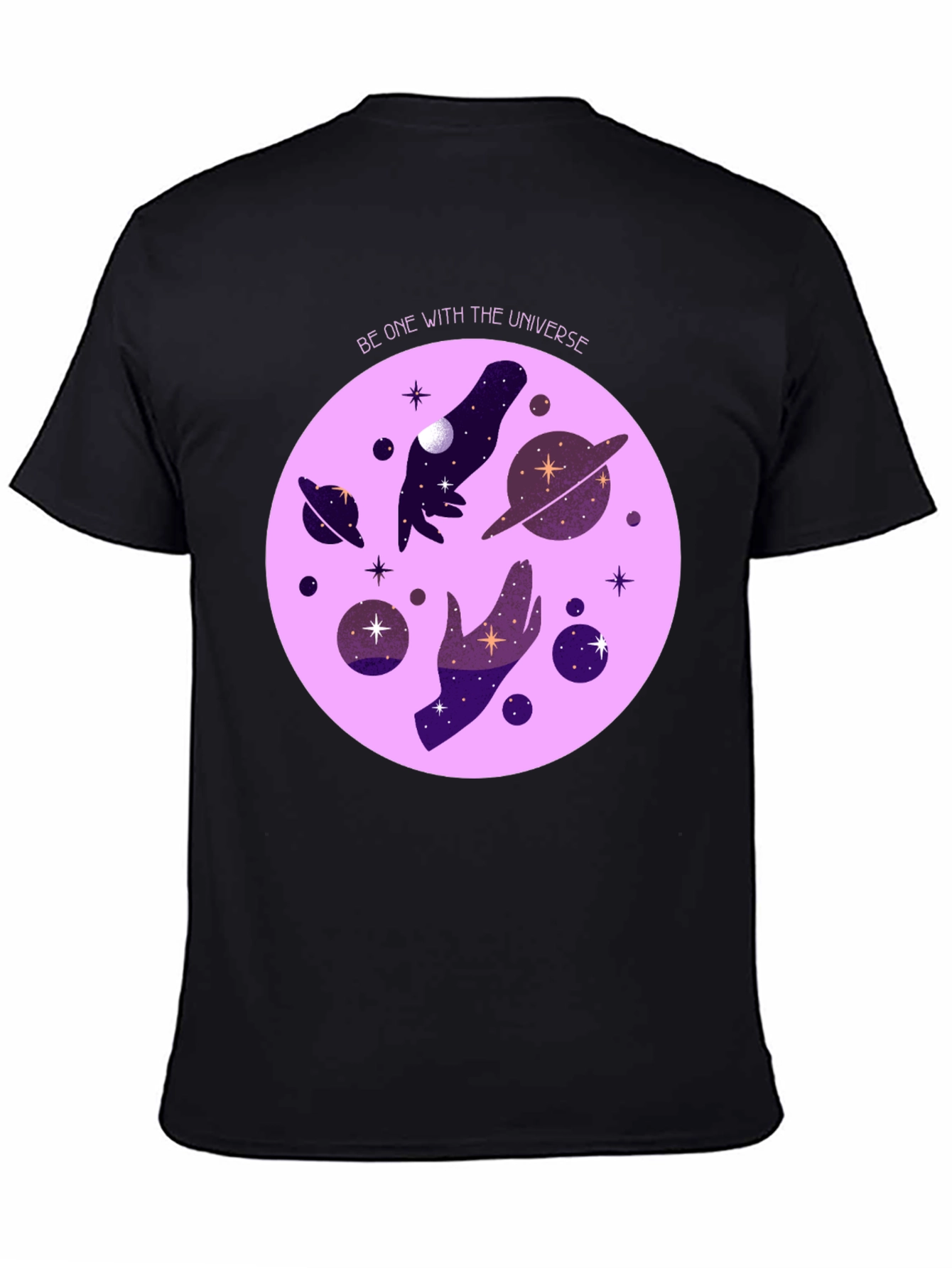 Black Cosmic Universe Graphic T-Shirt - Celestial Hands Design view 4