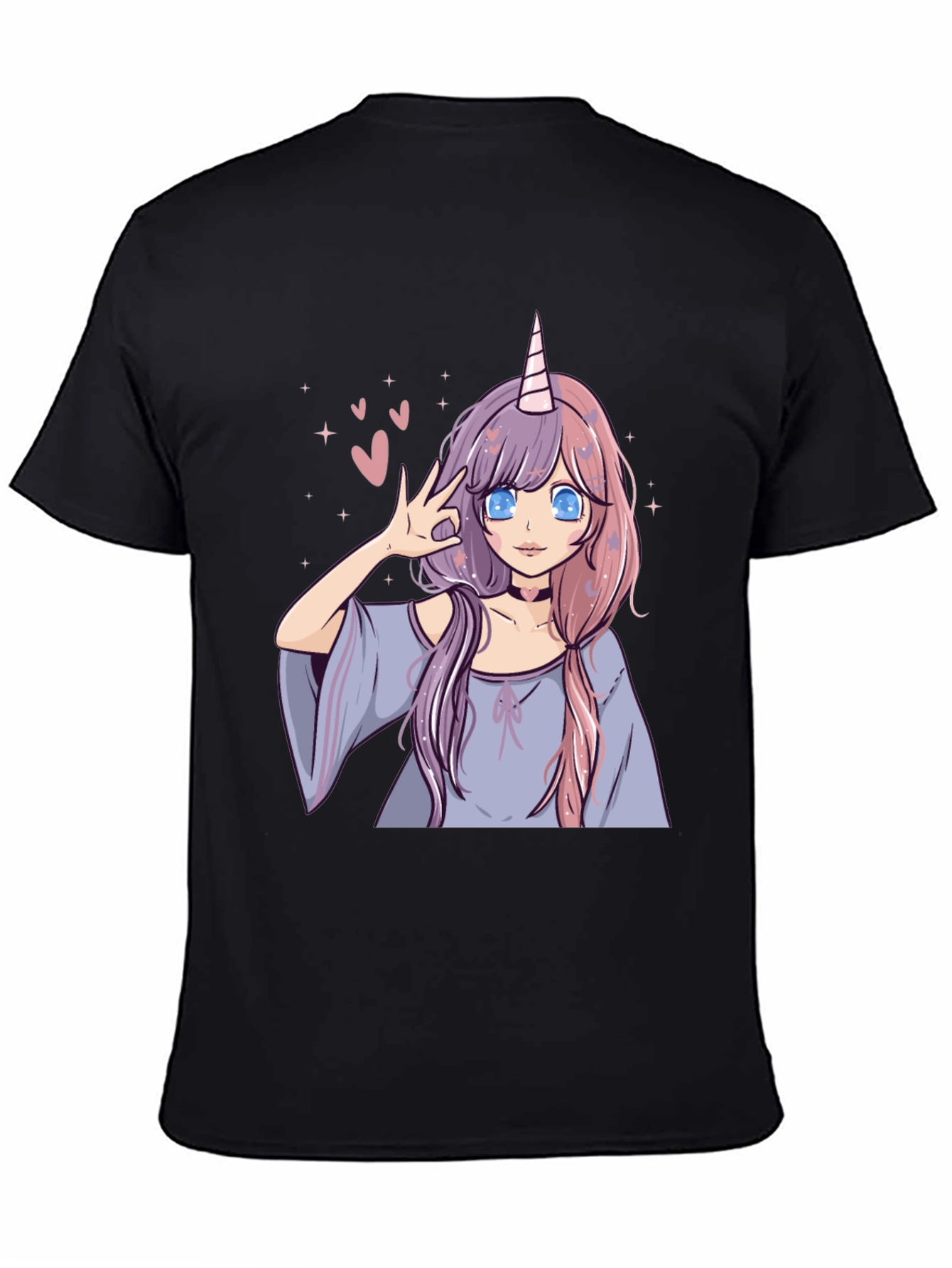 Black Anime Unicorn Girl Graphic Tee - Black Casual T-Shirt view 4