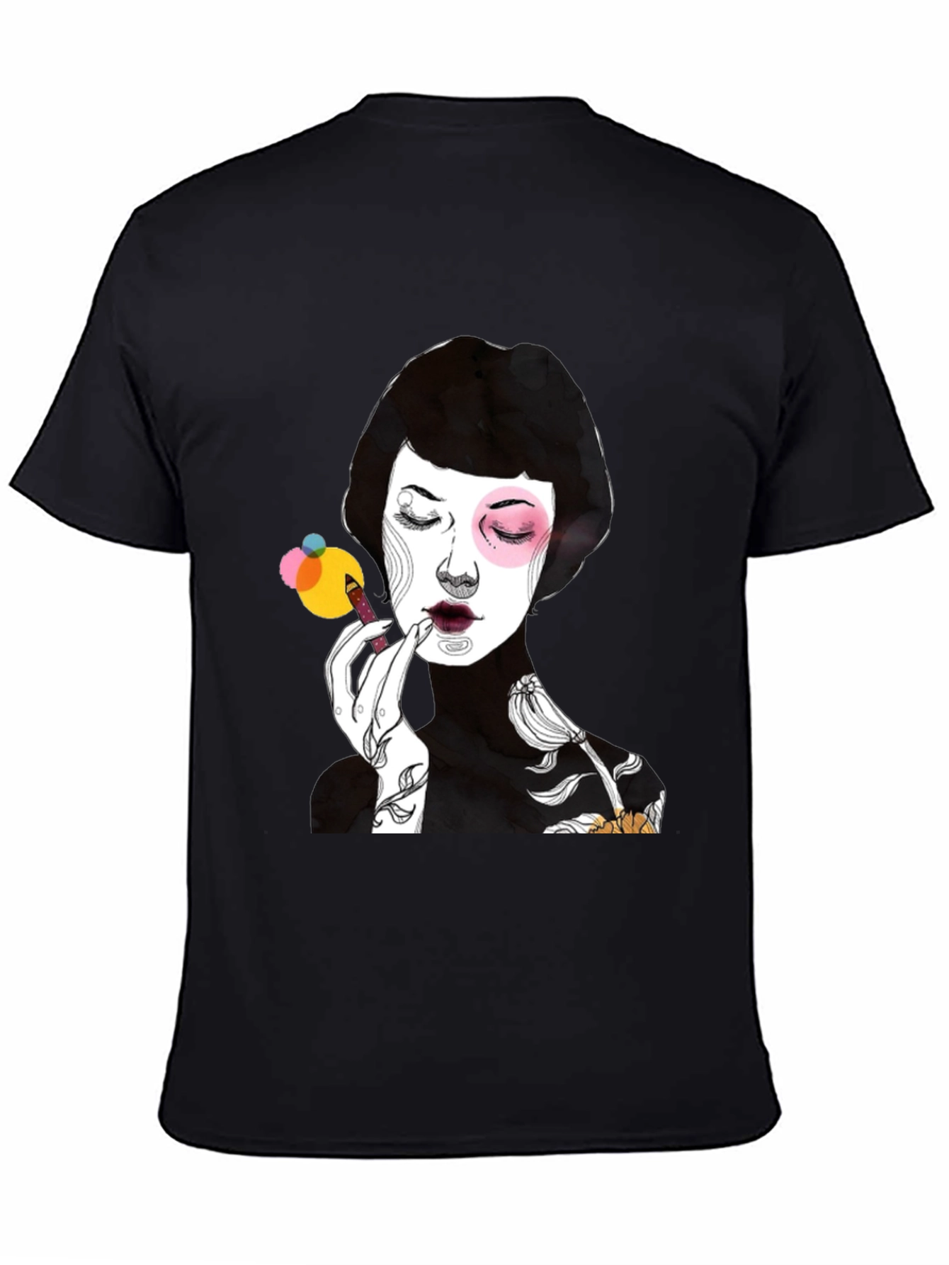 Black Graphic Print Black T-Shirt - Woman Applying Makeup view 4