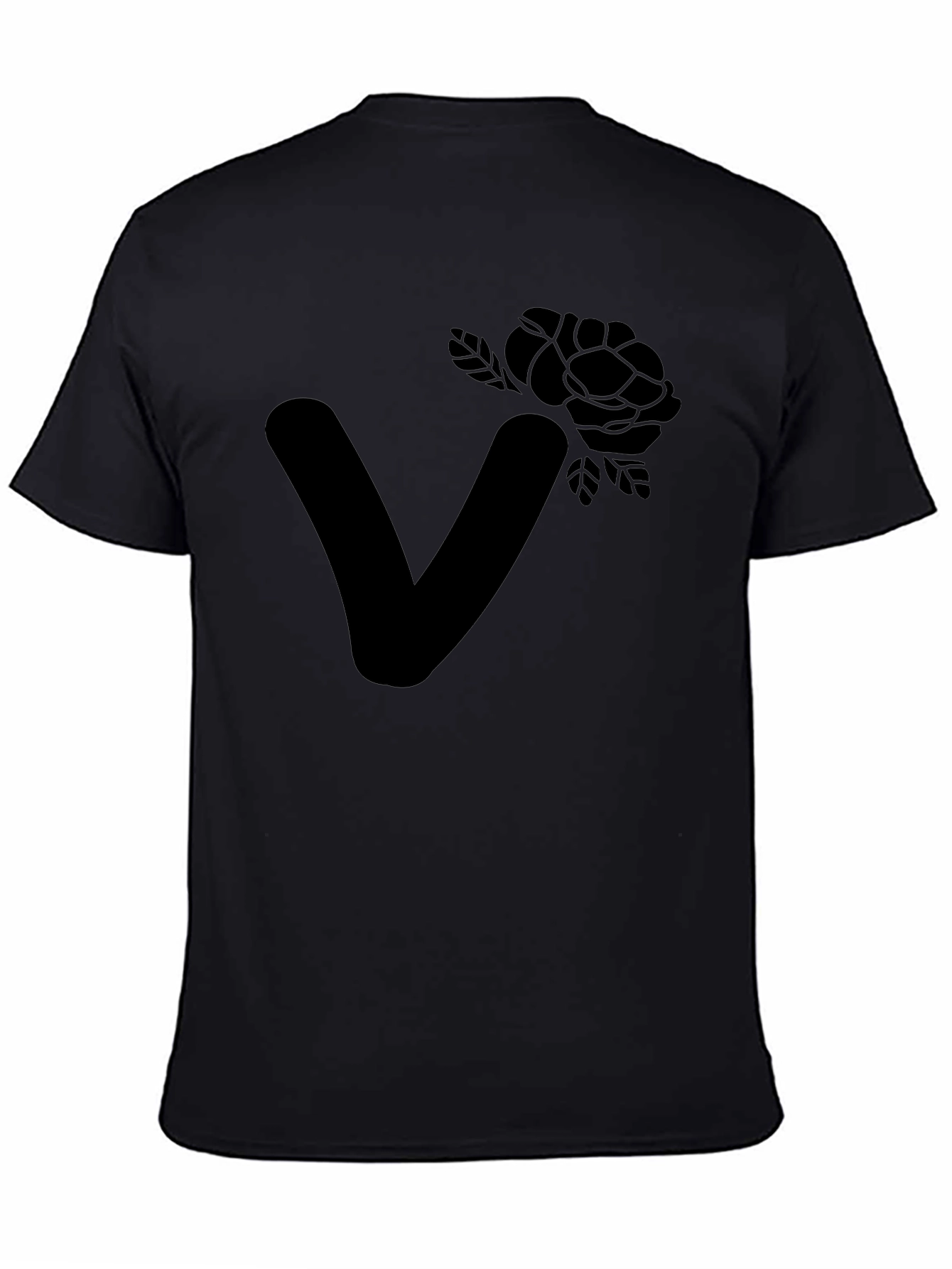 Black Stylish Black T-Shirt with Floral Letter V Design view 4