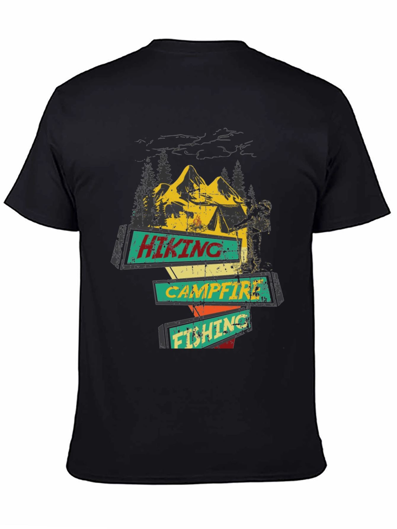 Black Hiking Campfire Fishing Graphic Tee view 4