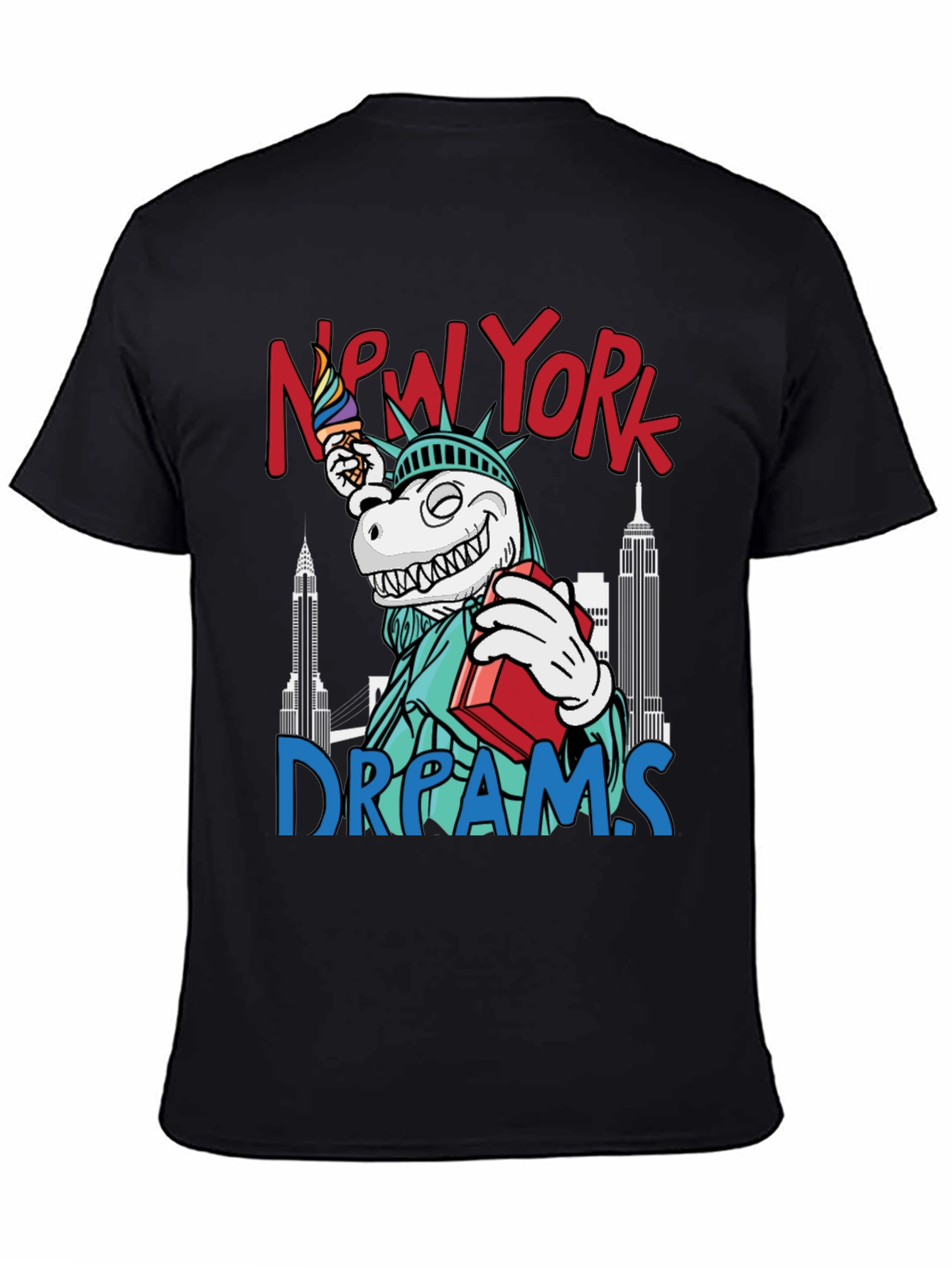 Black New York Dreams T-Shirt: Dinosaur Liberty Funny Tee view 4