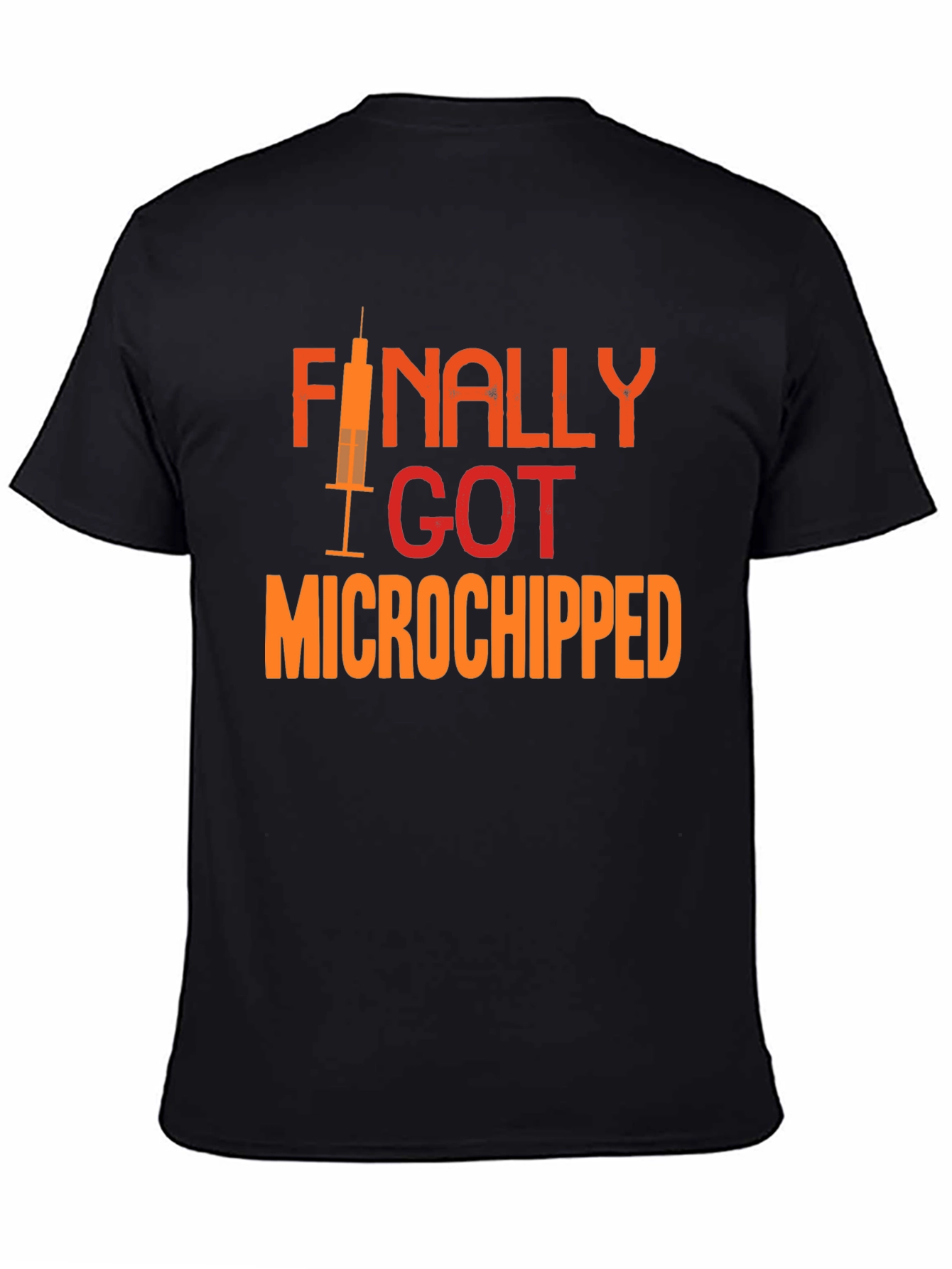 Black Finally Microchipped T-Shirt: Funny Vaccine Tee view 4