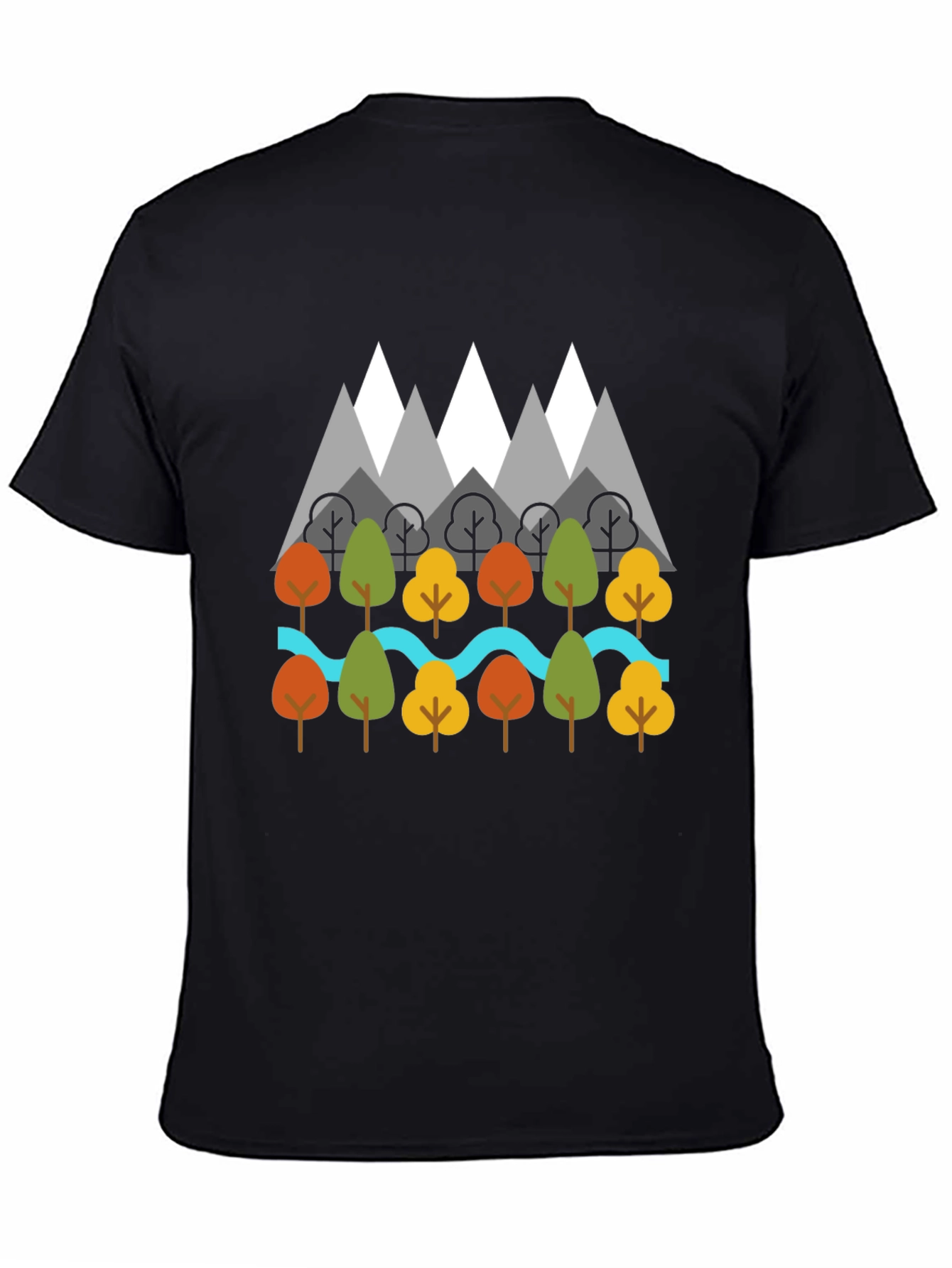 Black Nature Graphic T-Shirt - Mountains, Trees, River Design view 4