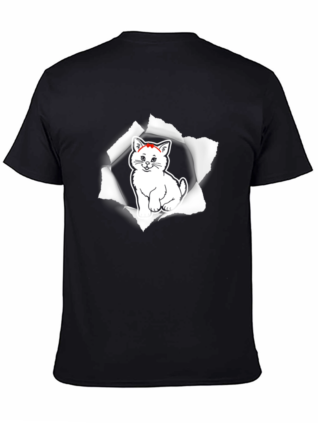 Black Men's Black T-Shirt with Cat Graphic view 4