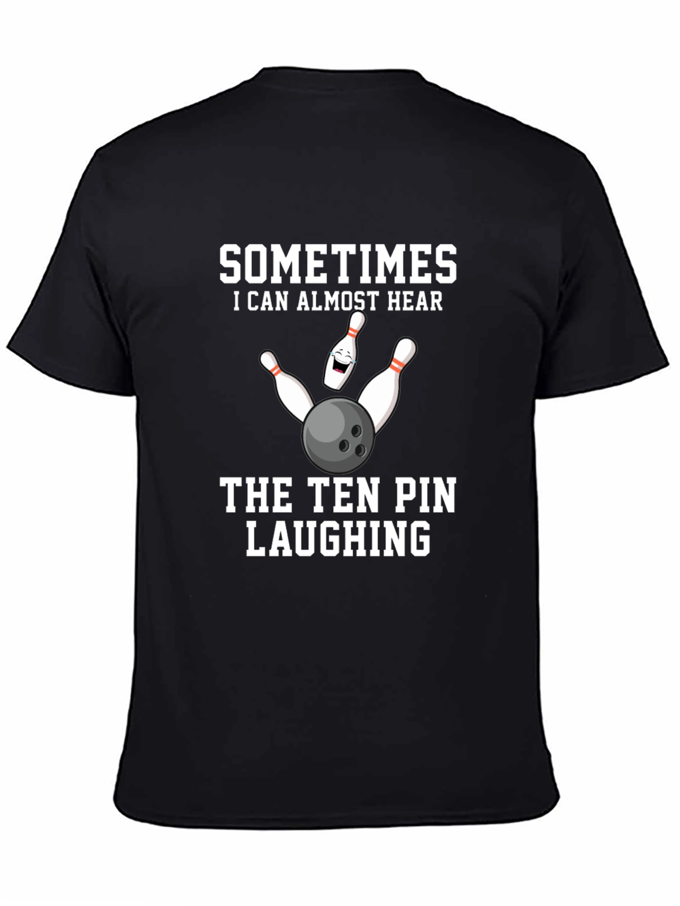 Black Funny Bowling T-Shirt: Ten Pin Laughing Design view 4