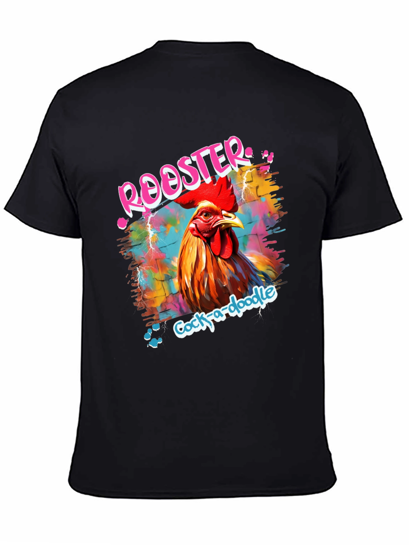 Black Rooster Graphic Tee - Men's Colorful Cock-a-doodle Shirt view 4