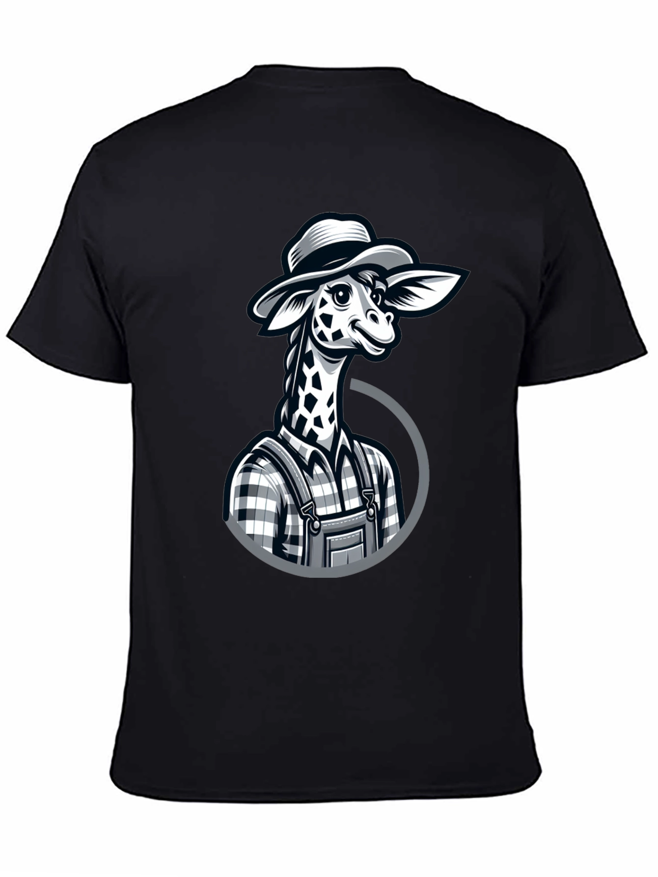 Black Giraffe Farmer Graphic Tee - Novelty Cartoon Animal Shirt view 4