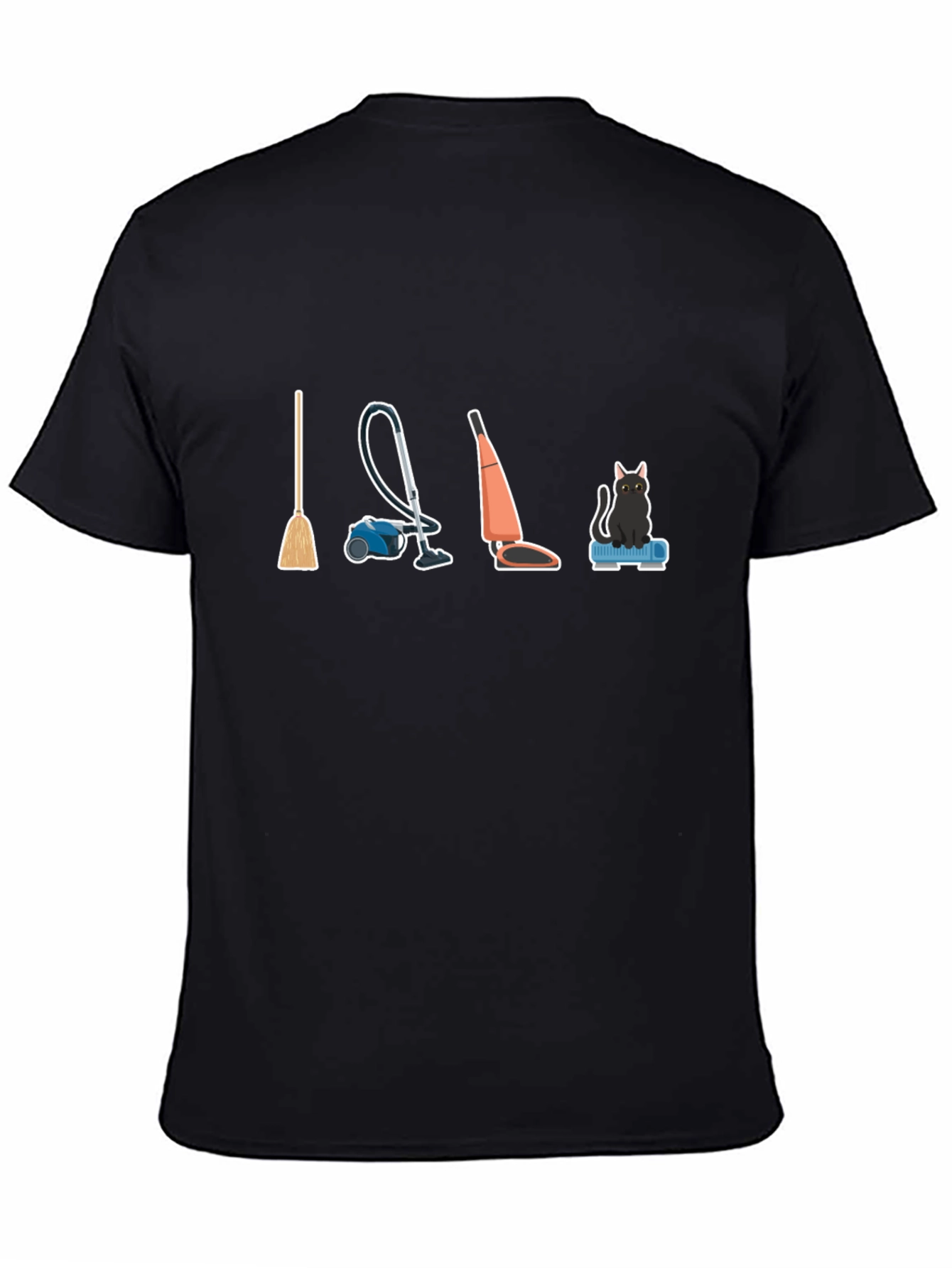 Black Cleaning Crew T-Shirt: Broom, Vacuum, and Cat view 4